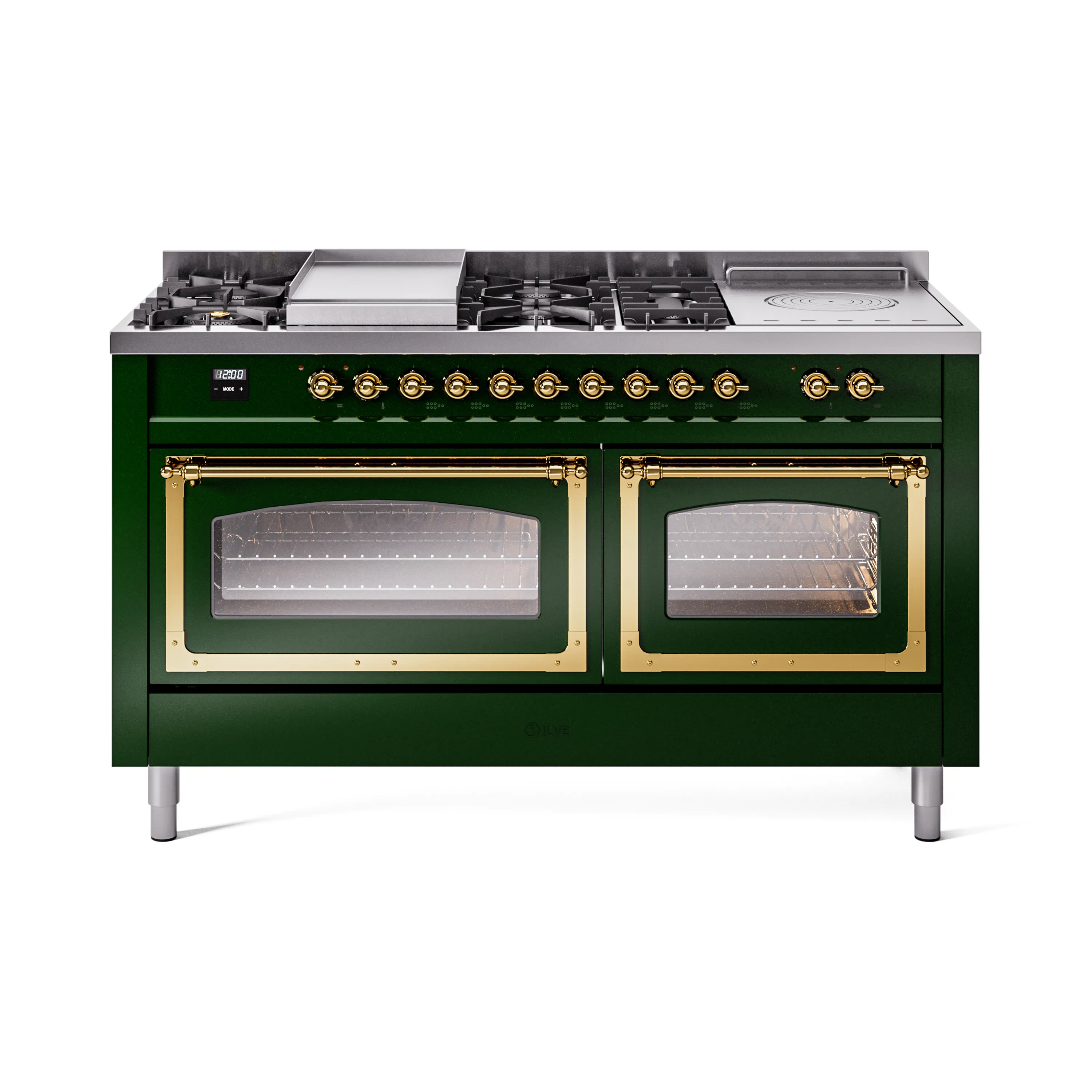 ILVE 60-Inch Nostalgie II Noblesse Dual Fuel Range with 7 Sealed Burners, Griddle, French Top, and Triple Glass Door Oven in Emerald Green with Brass Trim (UN60FSNMPEGG)