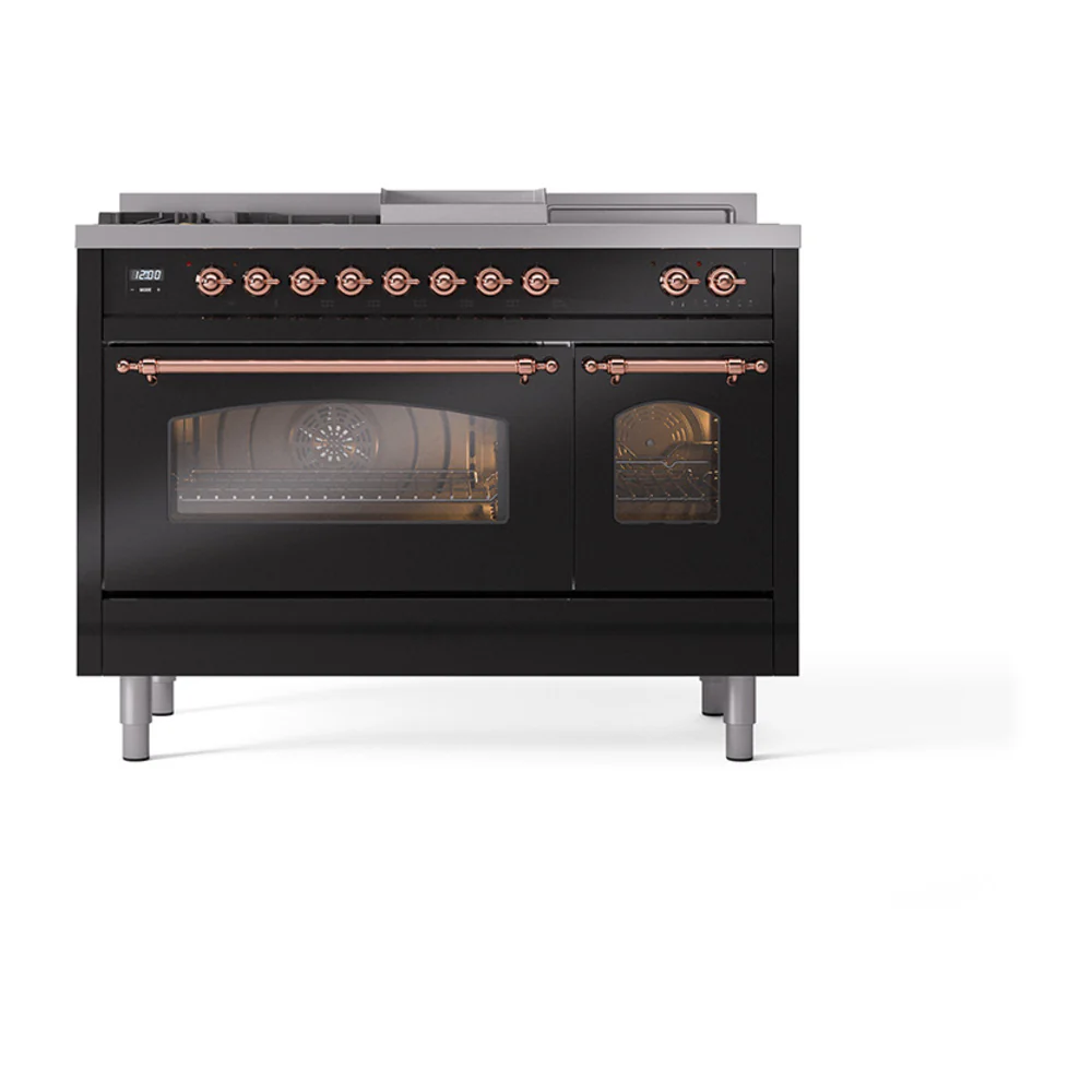 ILVE Nostalgie II 48-Inch Dual Fuel Range with 5 Burners, Griddle, & French Top with Triple Glass Door Oven in Glossy Black with Copper Trim (UP48FSNMPBKP)