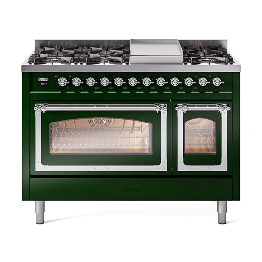 ILVE Nostalgie II Noblesse 48-Inch Dual Fuel Freestanding Range in Emerald Green with Chrome Trim (UN48FNMPEGC)