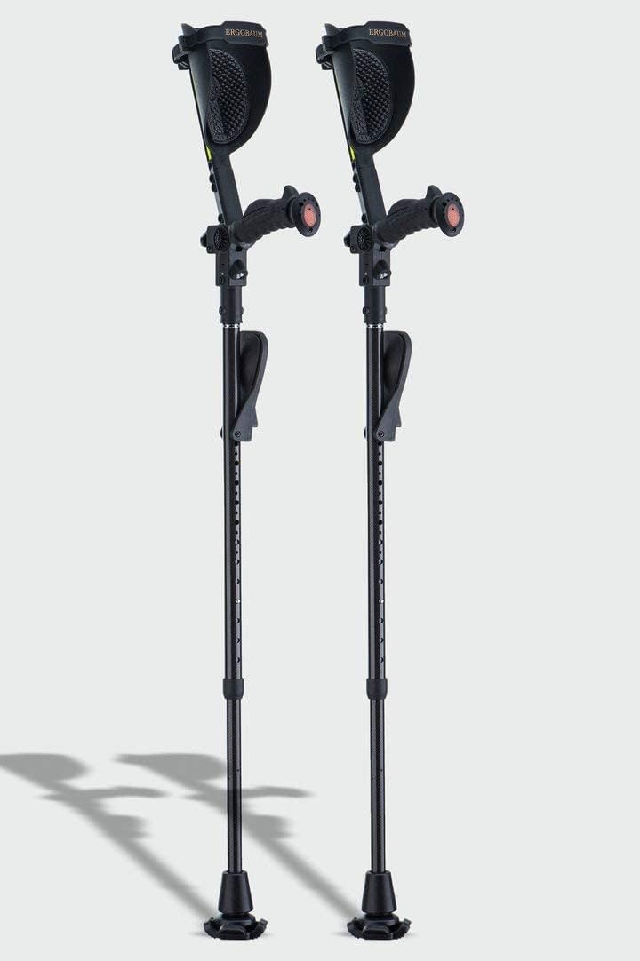 Ergobaum 7G Black Mamba by Ergoactives. 1 Pair (2 Units) of Ergonomic Forearm Crutches - Adult 5' - 6'6'' Adjustable, Foldable, Shock Absorber, Knee-Rest Platforms, LED Lights (Real Carbon Fiber)