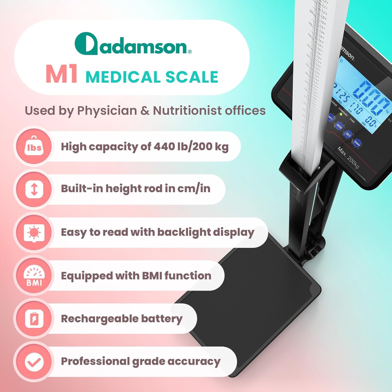Adamson M1 Medical Scale, 440 lb/ 200 kg Capacity, BMI with Weight and Height, Professional Digital Scale for Body Weight, Home, Hospital, & Physicians, Heavy Duty - Black
