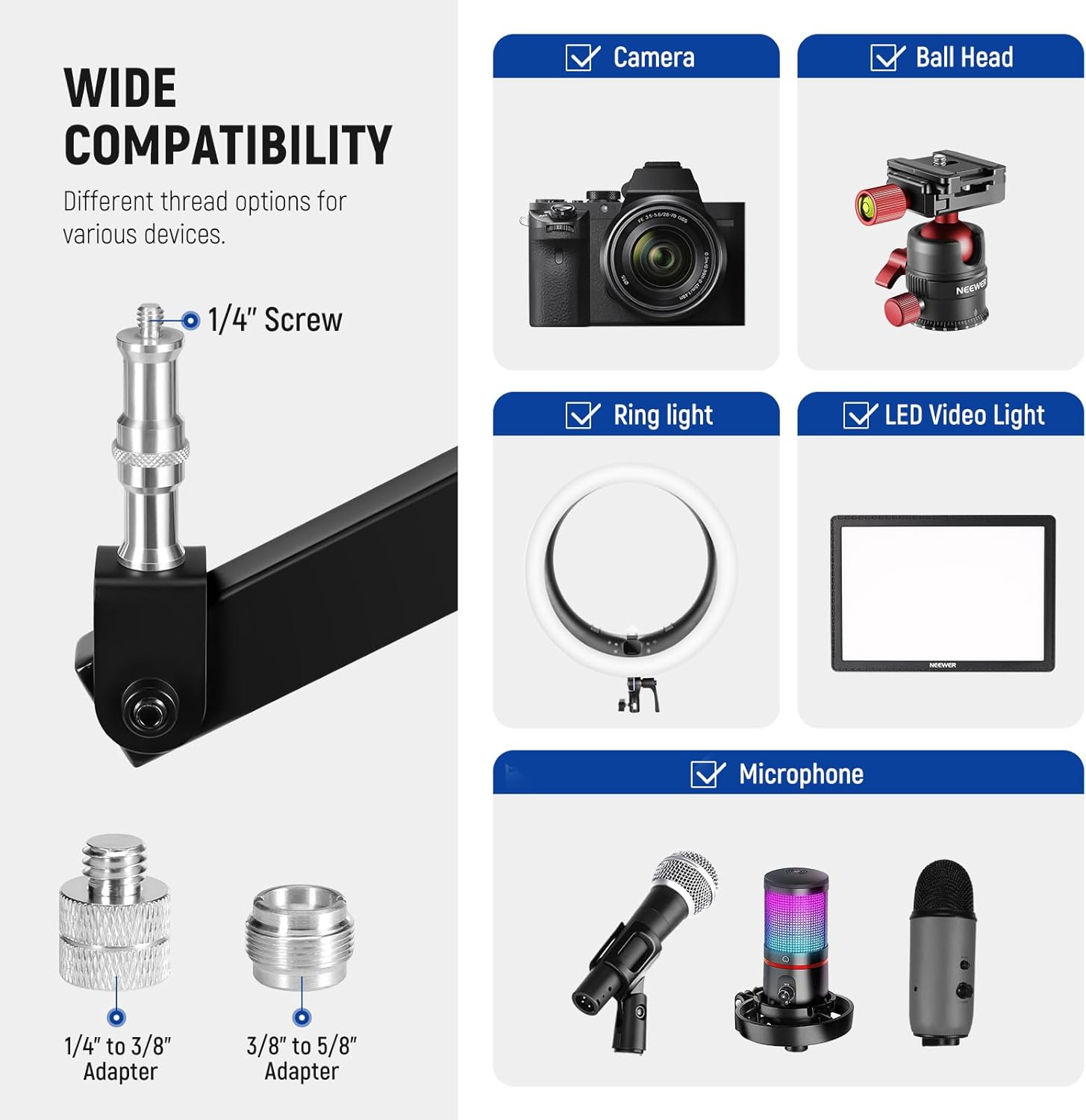 NEEWER Desktop Camera Stand, Overhead Phone Webcam Mount Stand with 4 Flexible Articulating Arms, 3/8