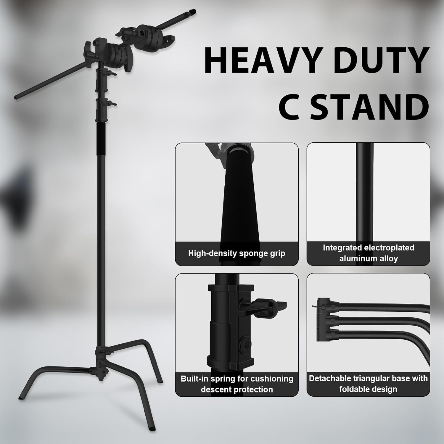 SH C Stand with Boom Arm, Heavy Duty Photography Light Stand, 6.8ft/210cm Stainless Steel C-Stand Kit with Sandbag, 2.8ft/87cm Boom for Studio Softbox and Reflector, Black