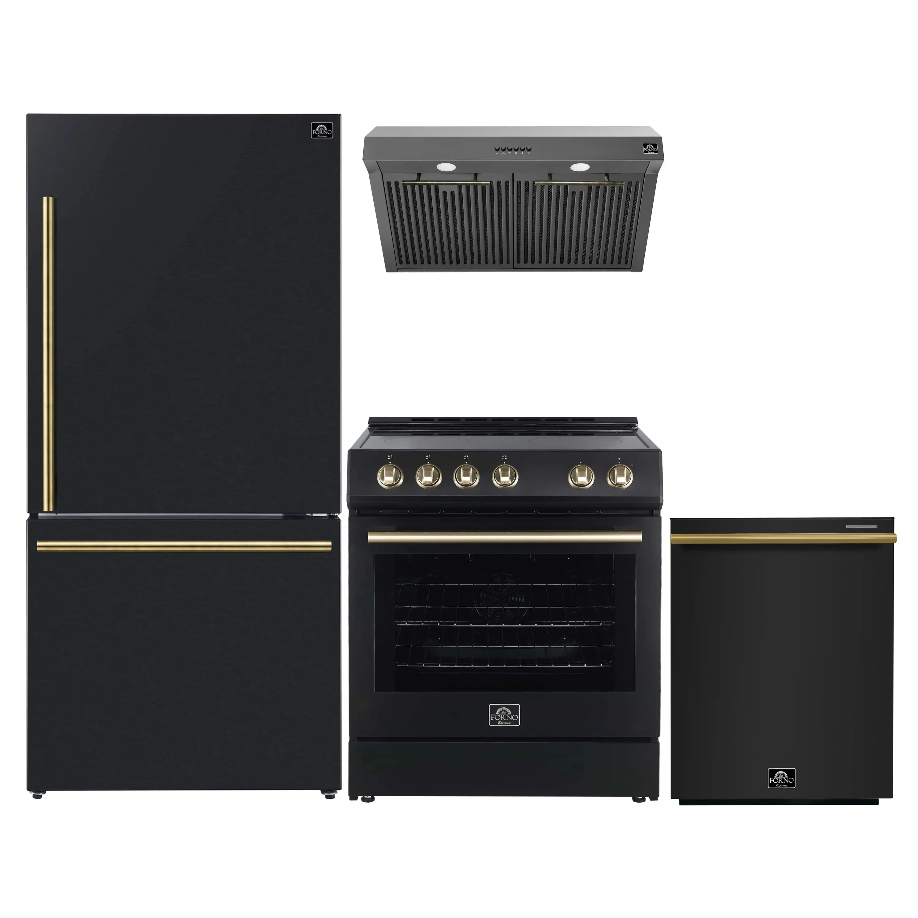 FORNO 4-Piece Appliance Package- 30-Inch Electric Range, Under Cabinet Range Hood, 31-Inch Refrigerator, and Built-In Dishwasher in Black with Antique Brass Trim (FBDL-006-02US)