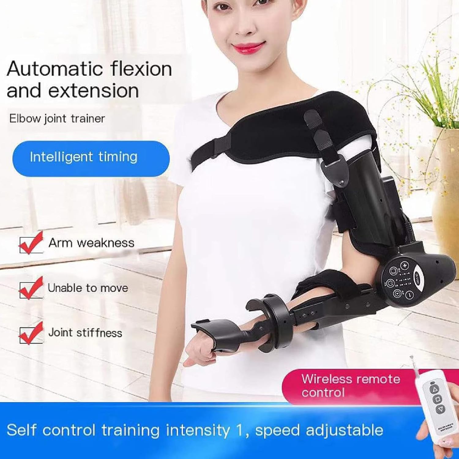 Hinged Elbow Brace Arm Exerciser, with Remote Control, Electric Elbow Joint Rehabilitation Device, 360 Degrees Rotating Forearm Rest, 2 Speeds Adjustable, Suitable For Stroke And Hemiplegic Patients
