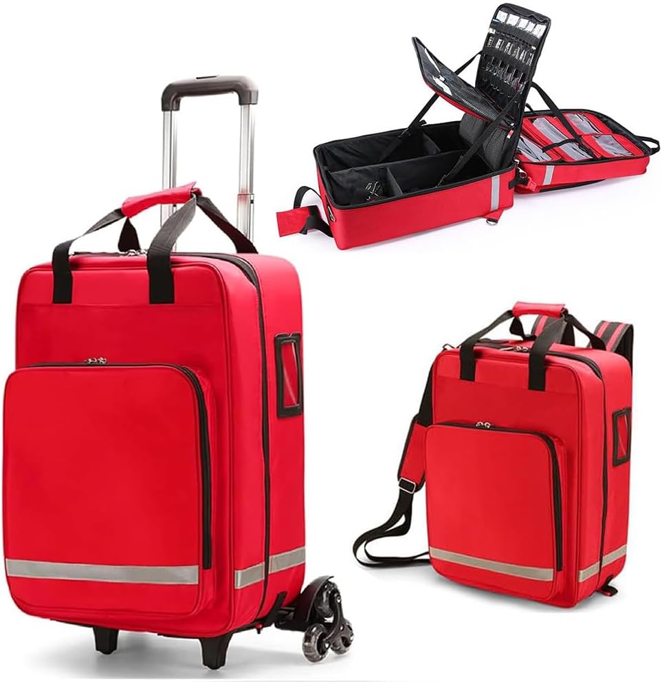 Rolling Medical Bag, Professional First Aid Kits, Nurse with Removable Dividers, Emergency Responder Trauma, Reflective Strips, for Home, Nurses, Doctors, EMT(Red)