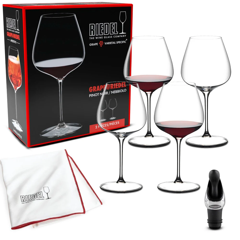 Riedel Grape Pinot Noir, Wine Glass (4) with Cloth and Wine Pourer Bundle