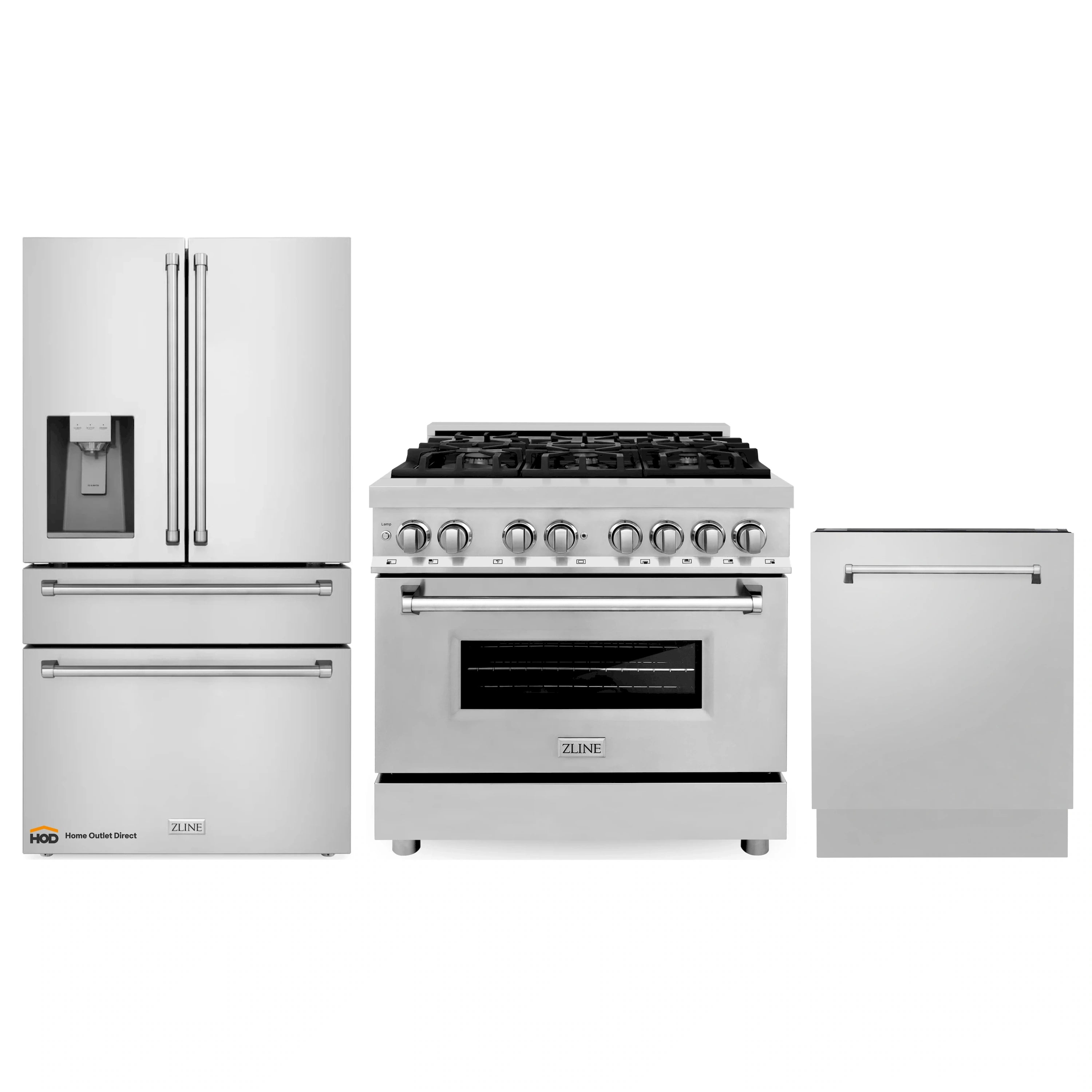 ZLINE 3-Piece Appliance Package - 36-Inch Dual Fuel Range, Refrigerator with Water Dispenser, & 3-Rack Dishwasher in Stainless Steel