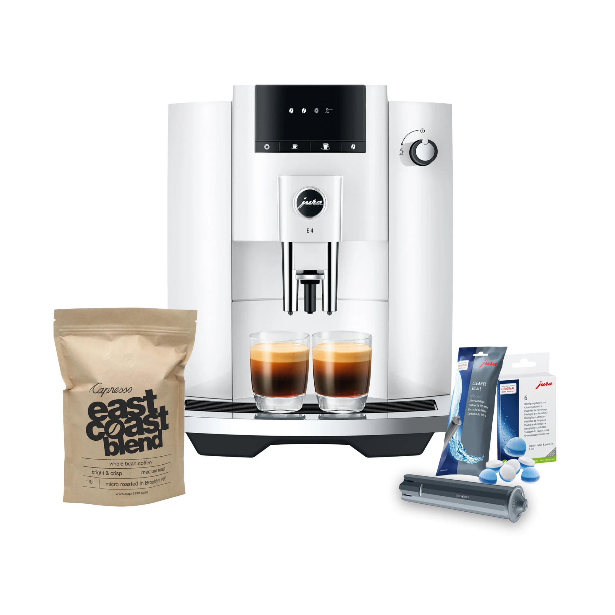 Jura E4 Coffee Machine (Piano White) with Filter, Cleaning Tablets and Coffee