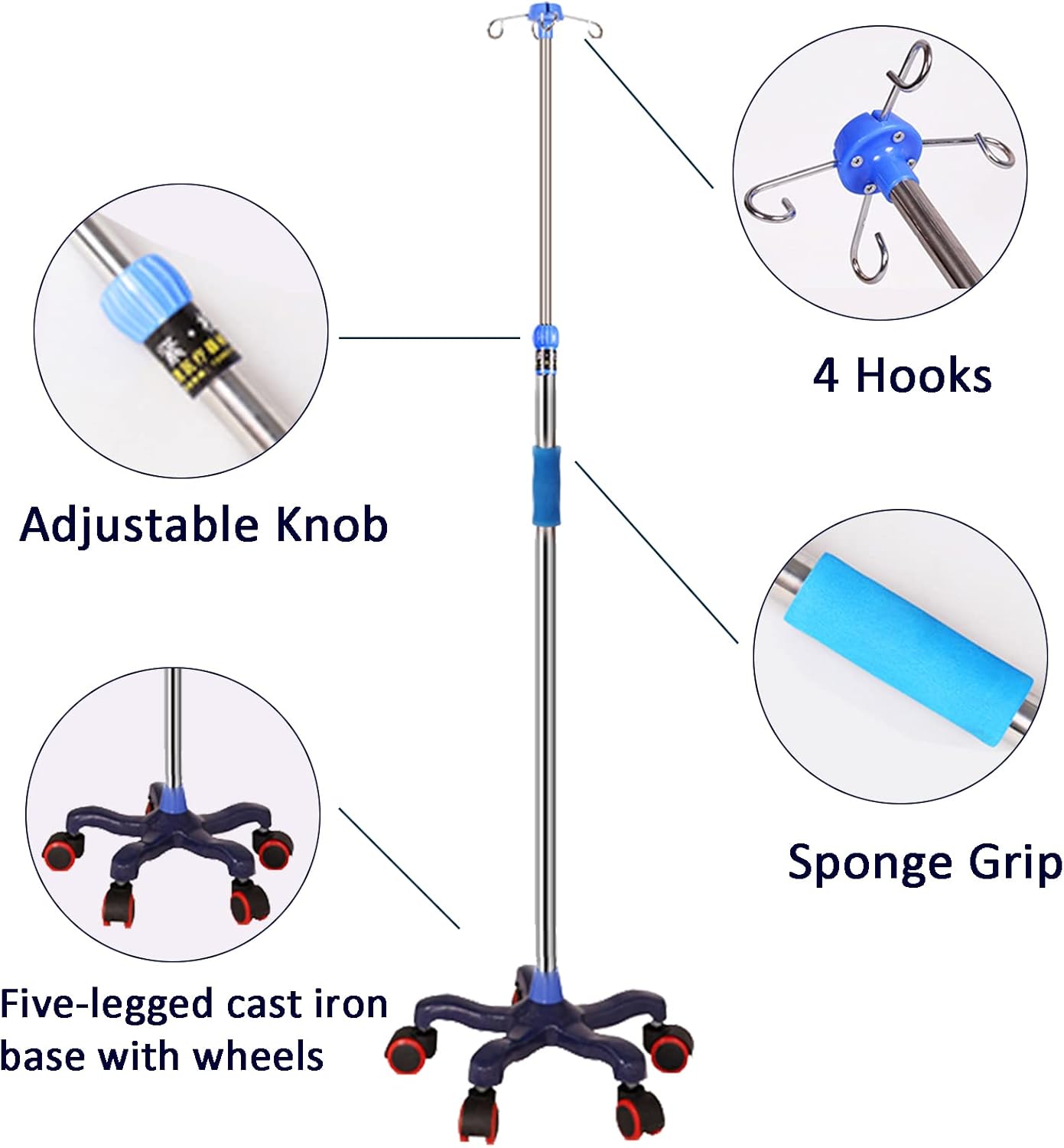Adjustable Medical Infusion Stand with 4 Hooks - Drip Holder Pole for Hospital & Clinic Use, Height Adjustable IV Stand for Efficient Fluid Delivery