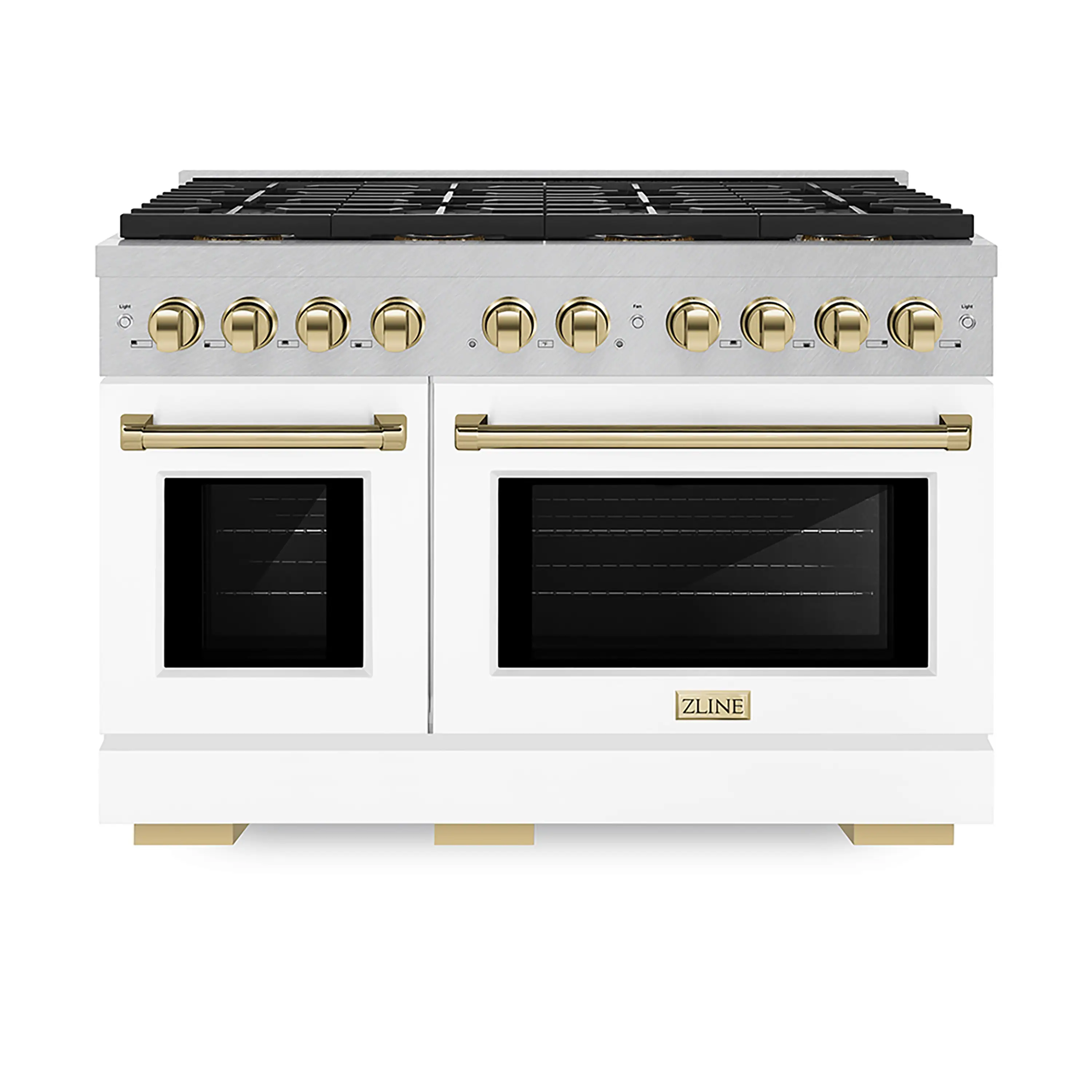 ZLINE Autograph Edition 48-Inch 6.7 cu. ft. Paramount Dual Fuel Range with 8 Burner DuoPro鈩?Cooktop and Dual Ovens in Satin Stainless Steel with White Matte Doors and Polished Gold Accents (PSDRSZ-WM-48-G)