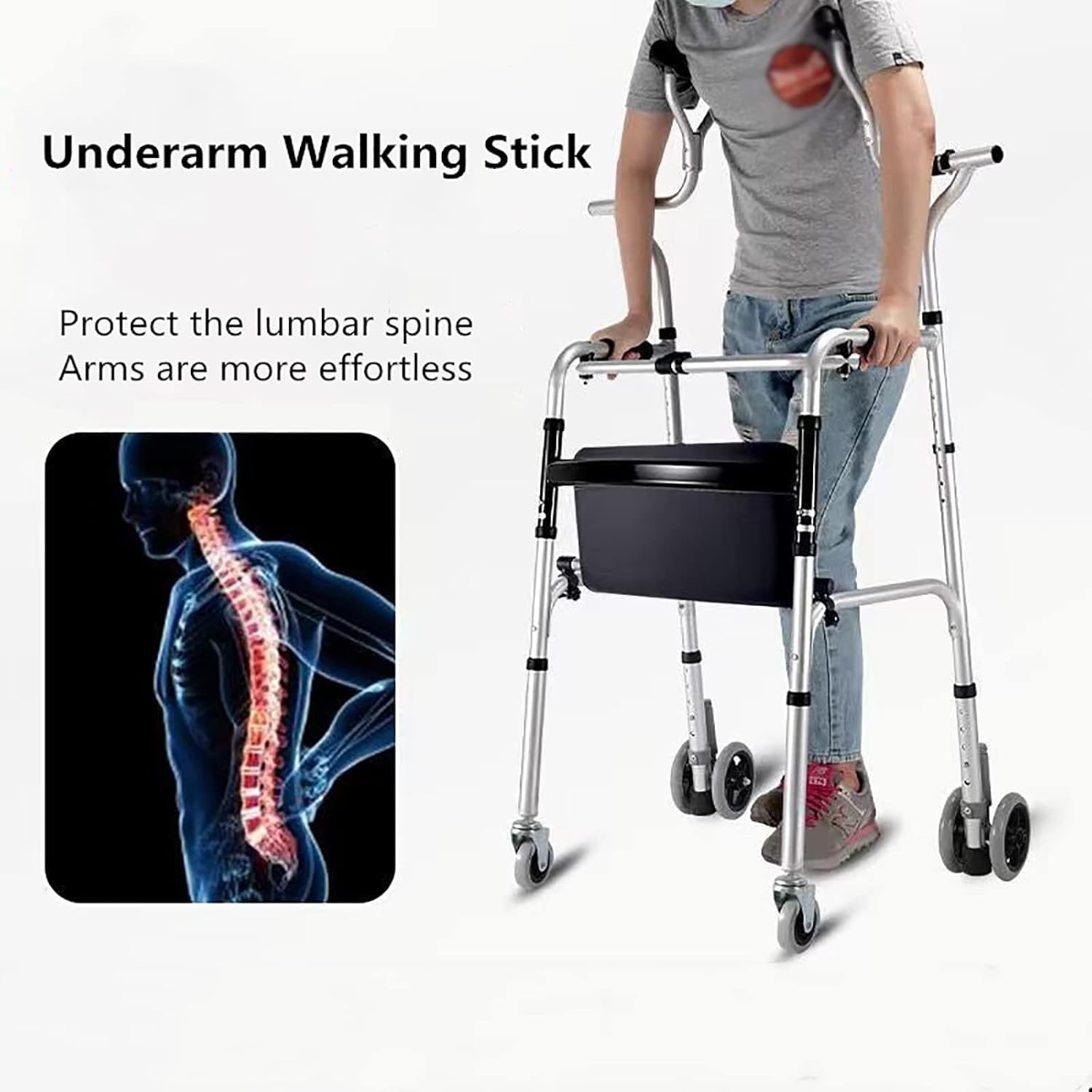 Elderly Walker Upright Posture Rolling Walker Adjustable Height and Width One-Button Folding with Armrest Support Pad Suitable for People with Reduced Mobility, The Elderly (Color : A)