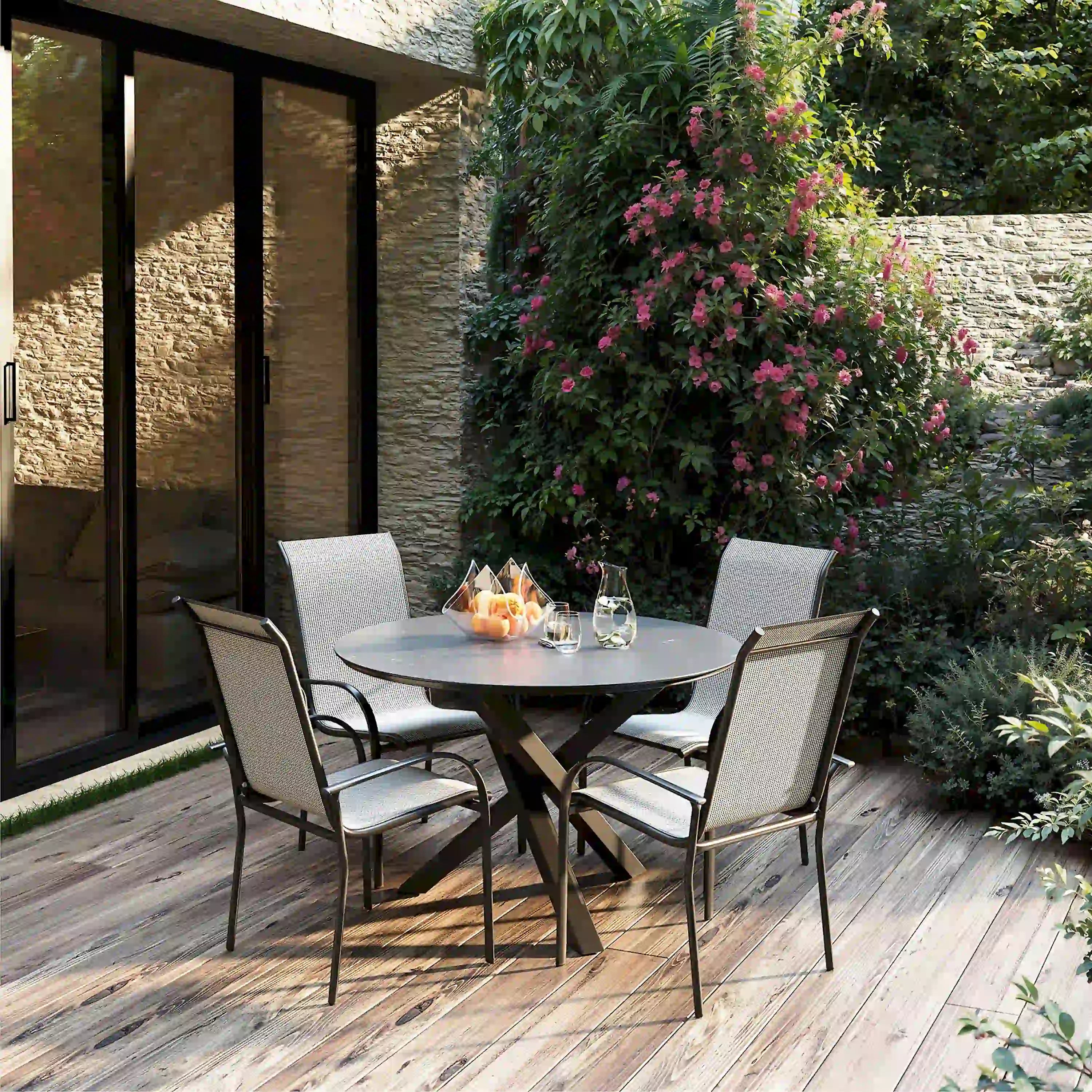 Deko Living 4 Piece Seating Grey Outdoor Aluminum Round Patio Dining Table and Stackable Chairs Set (COP30704)