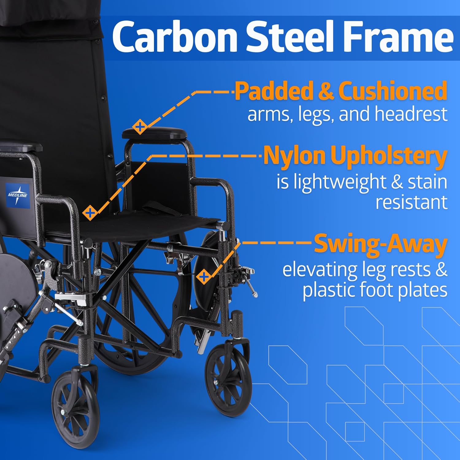 Medline Reclining Wheelchair, Desk-Length Arms and Elevating Leg Rests, 20