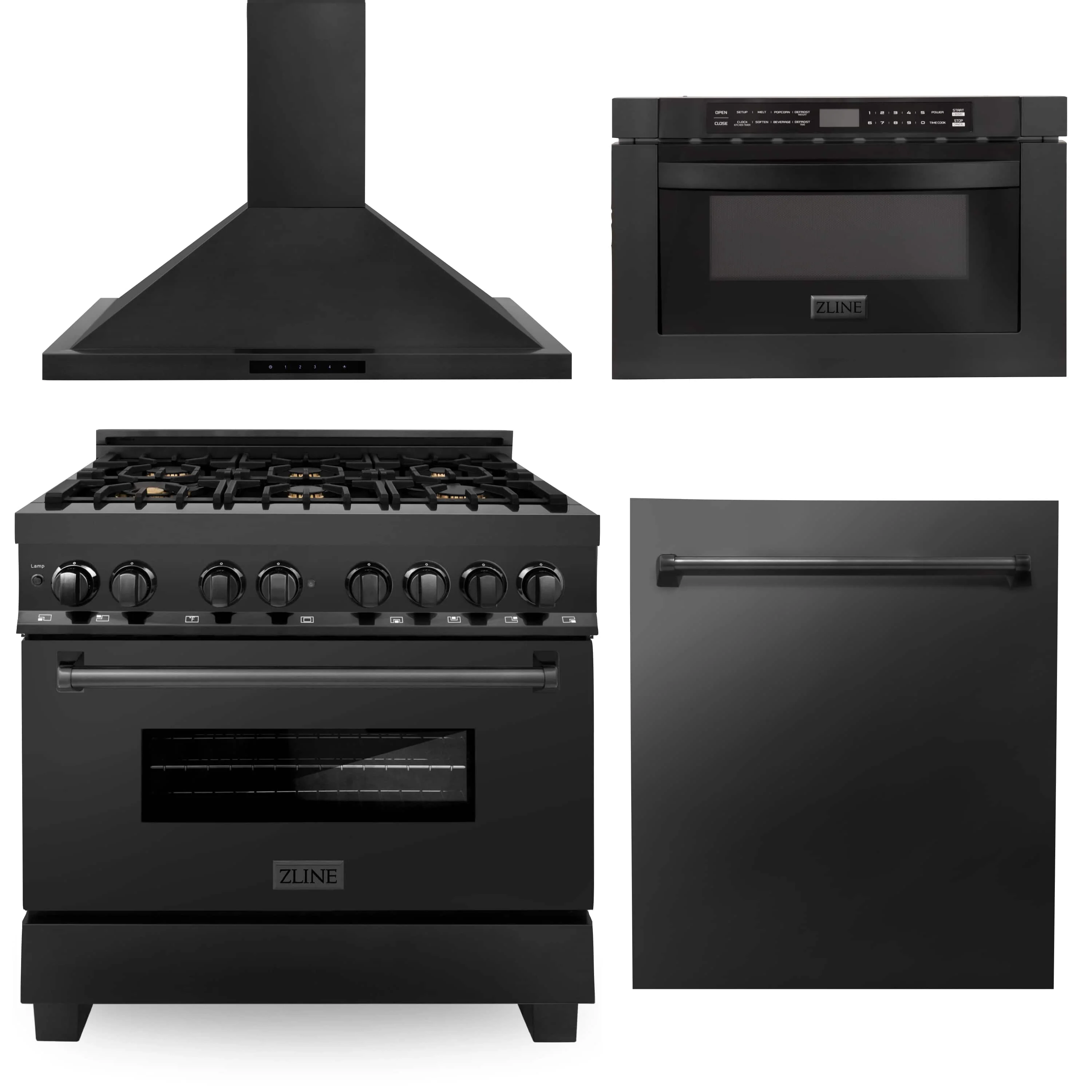 ZLINE 4-Piece Appliance Package - 36-inch Dual Fuel Range with Brass Burners, Dishwasher, Microwave Drawer & Convertible Wall Mount Hood in Black Stainless Steel (4KP-RABRH36-MWDW)