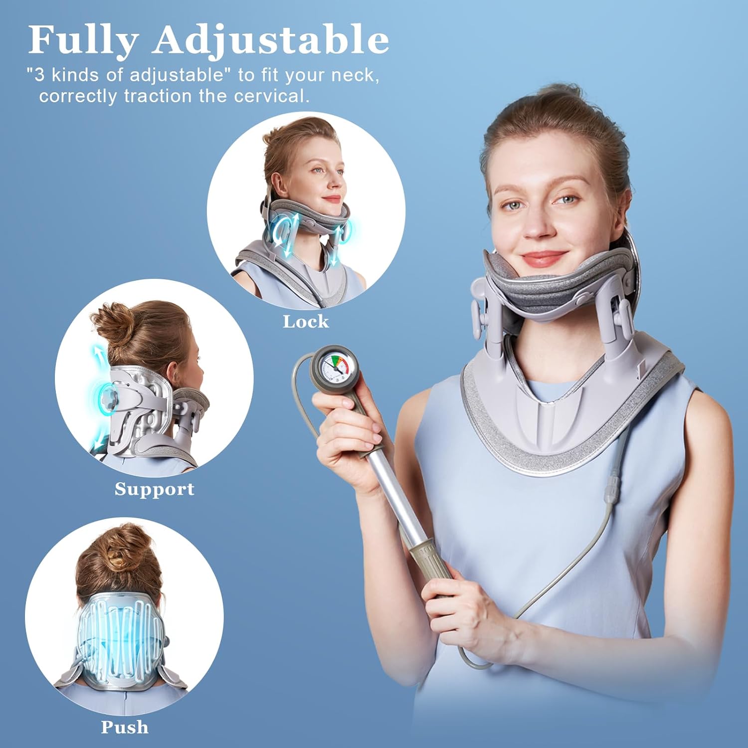 Cervical Neck Traction Device, Adjustable Cervical Traction Device with 3 Power Traction, 8 Airbag Support for Neck Pain Relief Neck Stretcher Air Pump Neck Brace