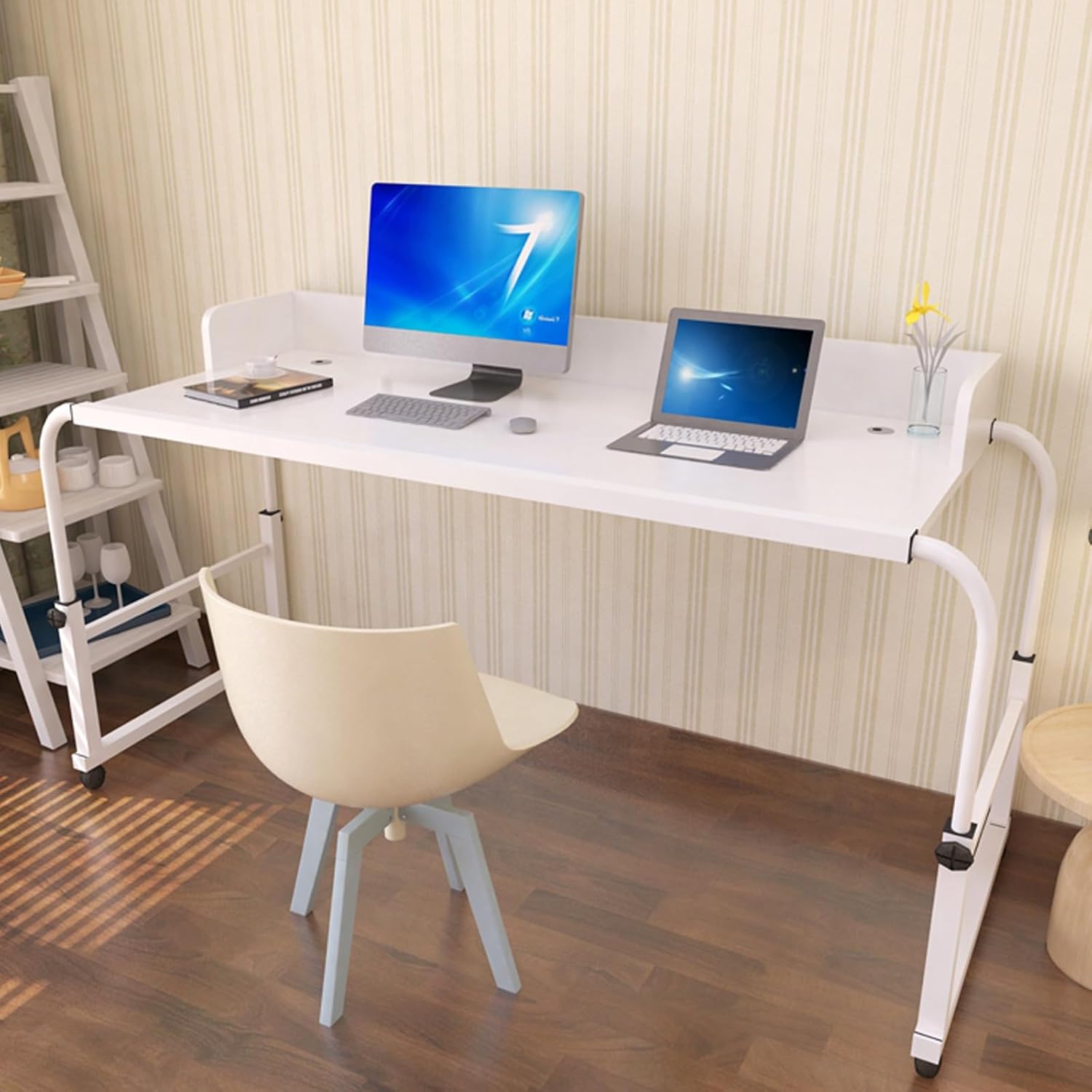 Overbed Bedside Table with Wheels, Adjustable Hospital Over Bed Table, Mobile Standing Desk, Computer Workstation Desk, for Home, Office, Study(White)