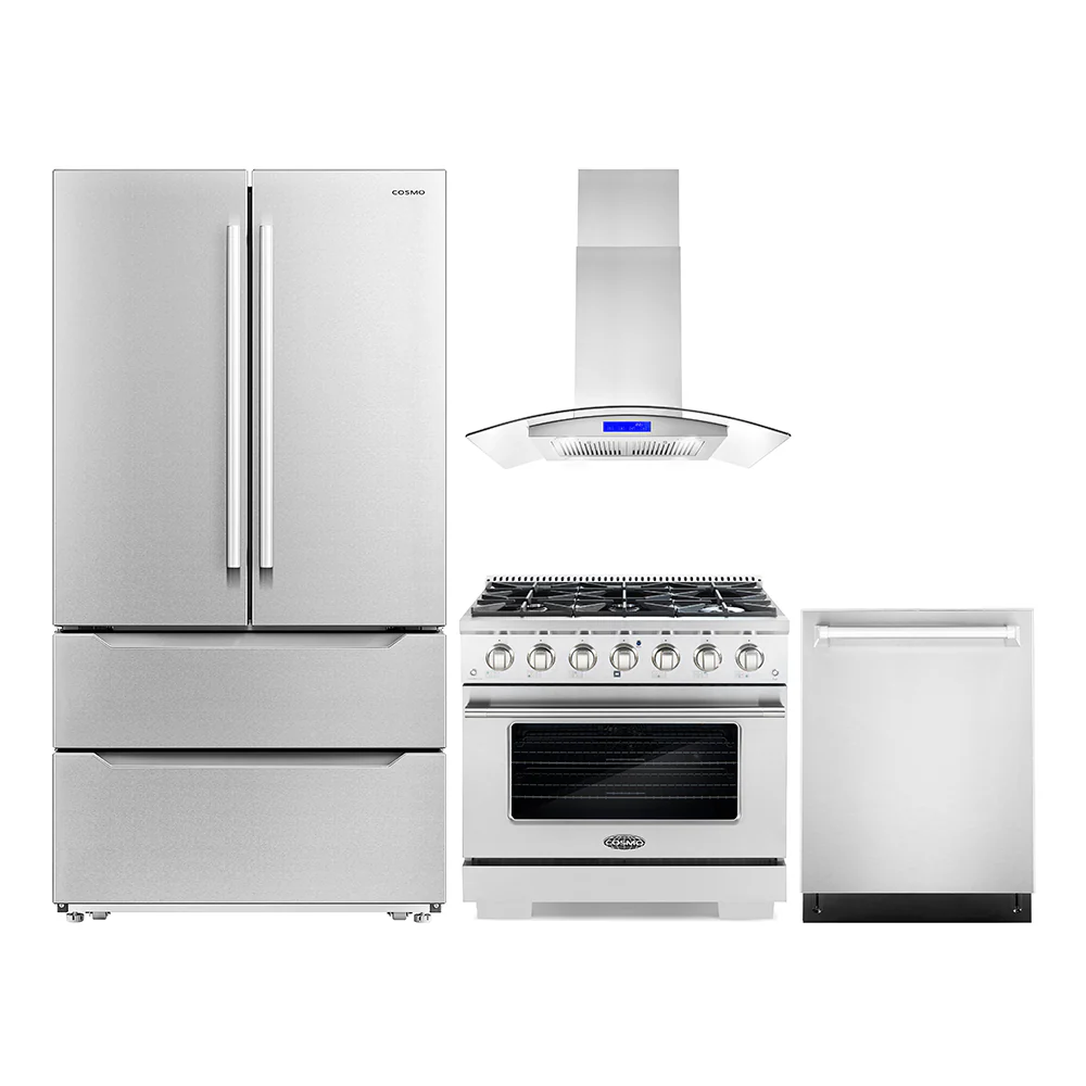 Cosmo 4-Piece Appliance Package - 36-Inch Gas Range, Island Range hood, Dishwasher and Refrigerator in Stainless Steel (COS-4PKG-201)