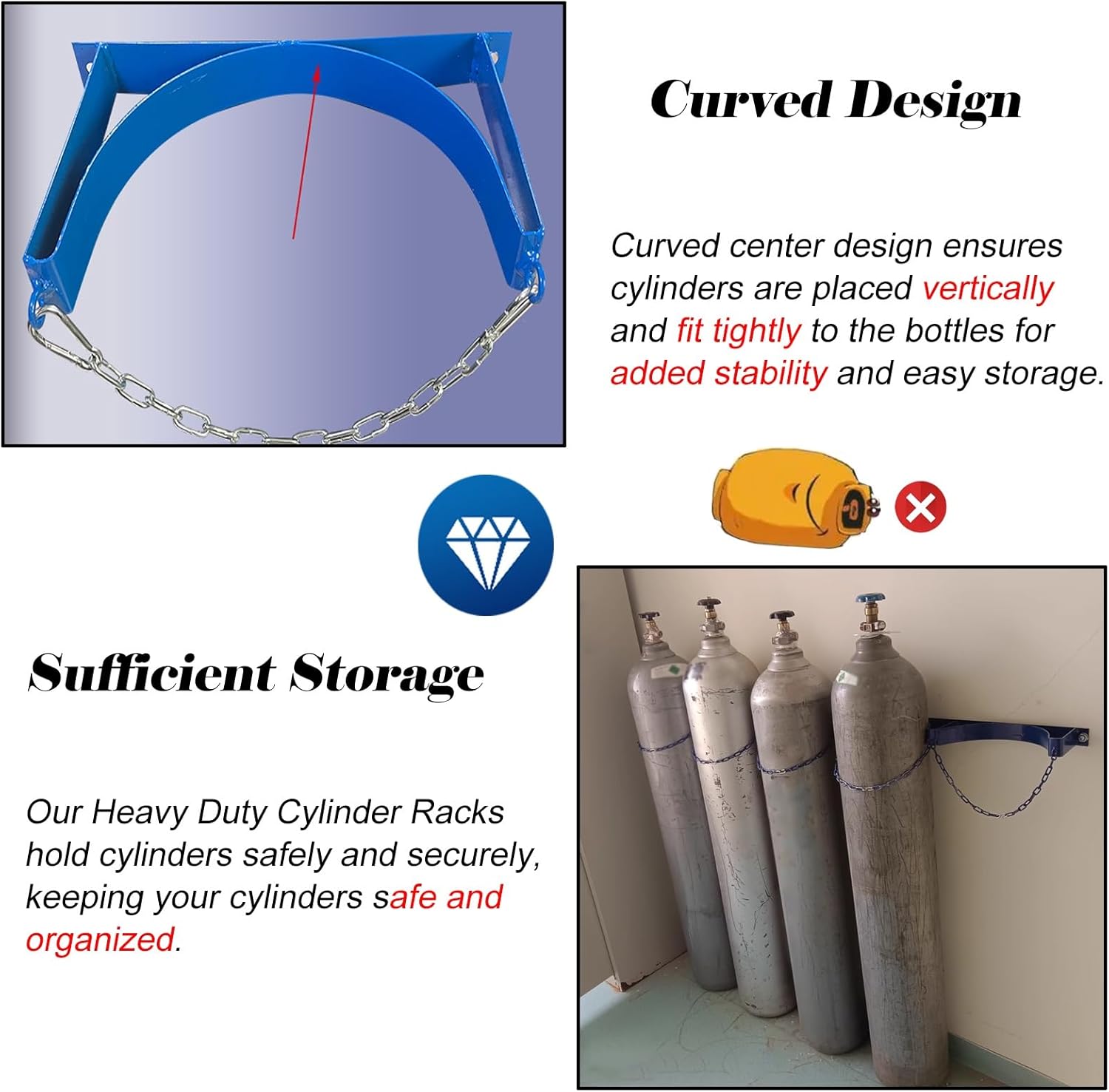 Blue Steel Gas Cylinder Fixed Rack with Protective Chain, Cylinder Wall Mounted Brackets, Gas Cylinder Organizer Shelf for Hospital/Labs/Corporate,7 Pcs-3 Bottles - 37.4x7.9 in