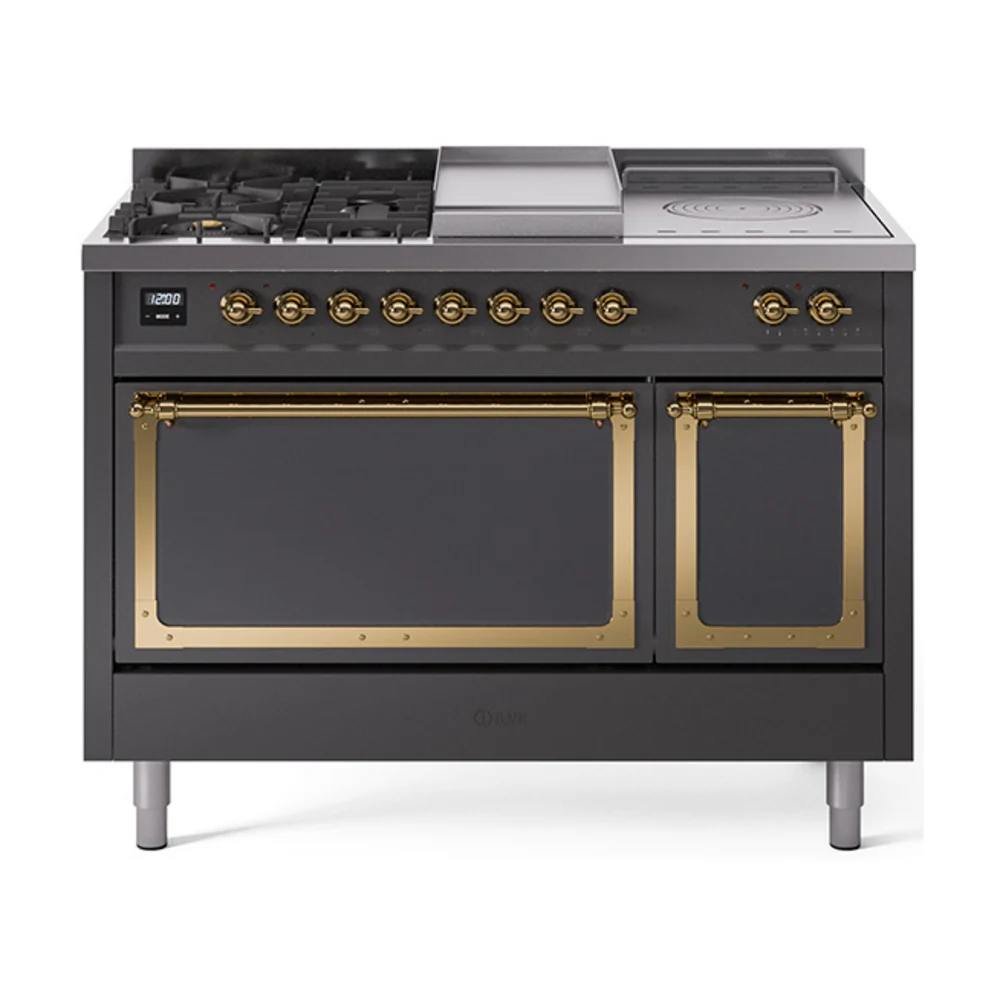 ILVE 48-Inch Nostalgie II Noblesse Dual Fuel Range with 5 Sealed Burners, Griddle, French Top and Solid Door Oven in Matte Graphite with Brass Trim (UN48FSQNMPMGG)
