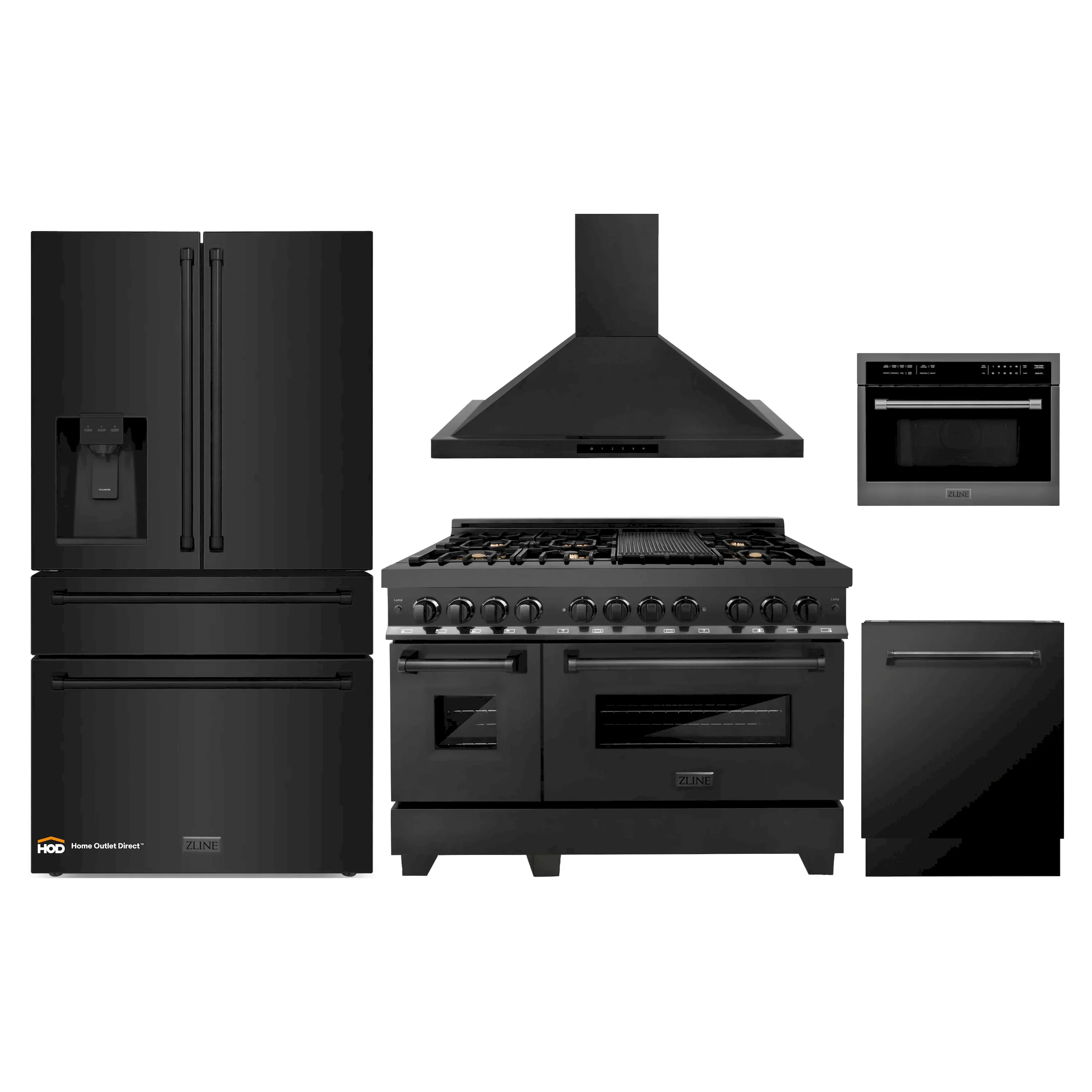 ZLINE 5-Piece Appliance Package - 48-Inch Dual Fuel Range, Refrigerator with Water Dispenser, Convertible Wall Mount Hood, Microwave Oven, and 3-Rack Dishwasher in Black Stainless Steel