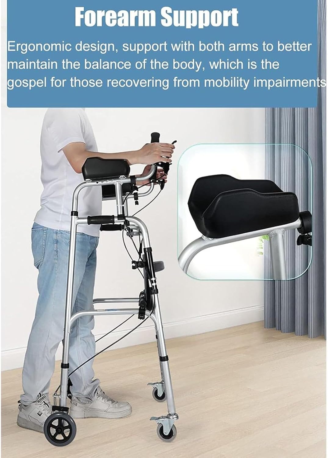 Wheel Walking Frame Upright Posture Rolling Walker 4 Wheel Walker Rollator Adjustable Height Elderly Walking Aid Used with Armrest Support Pad for Seniors Walking