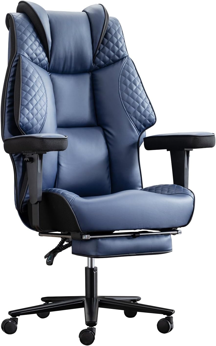 Big and Tall Office Chair 500lbs, Heavy Duty Executive Office Chair with Foot Rest, High Back Leather Adjustable Arm Rest,Ergonomic Lumbar Support Wheels(Navy Blue)