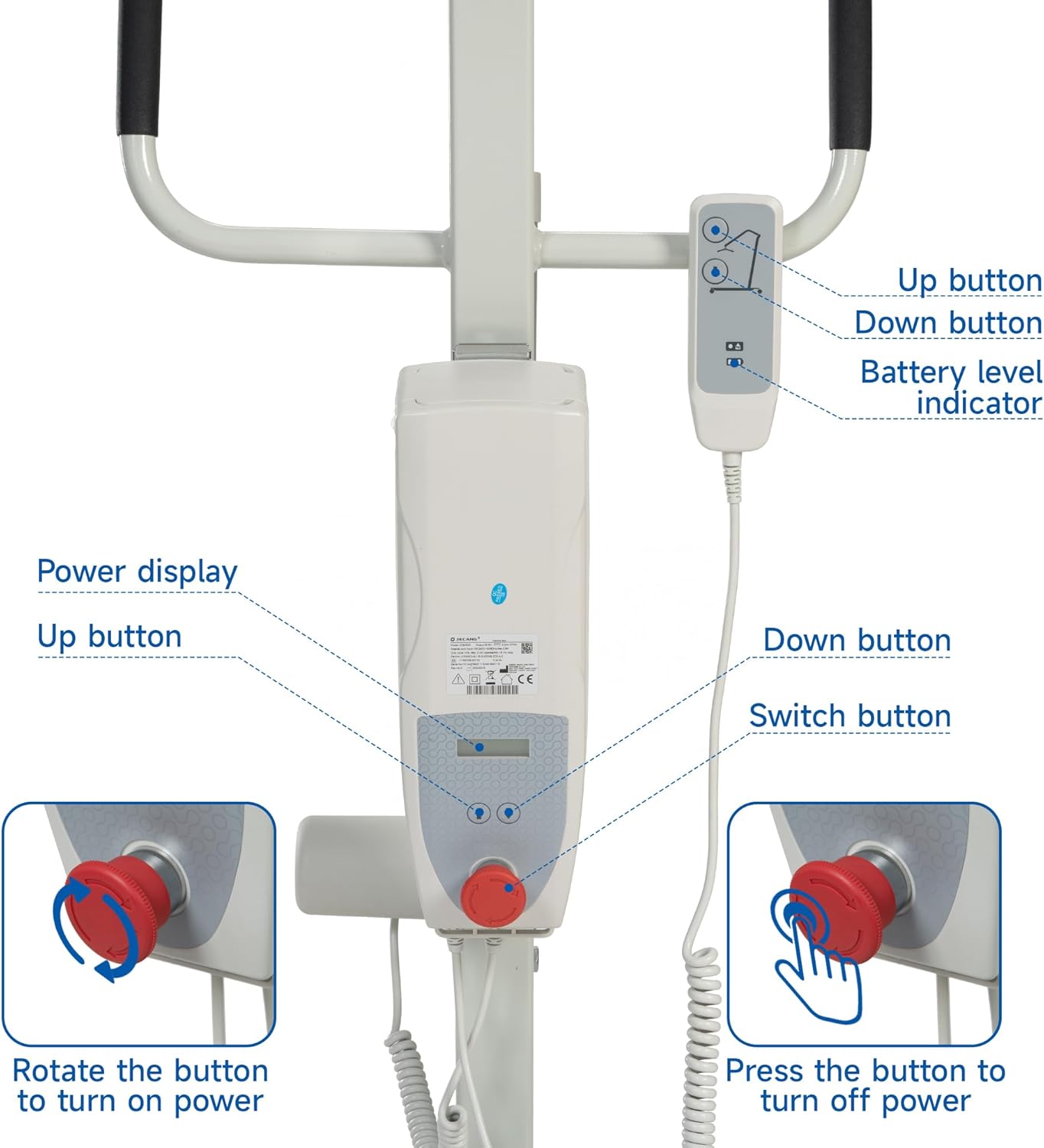 Electric Patient Lift, High-Capacity Rechargeable Battery, Low Base, 400 lb Weight Capacity with Adjustable Base and Sling, with Manual Lowering Device, Easy-Assembly, Battery-Powered.