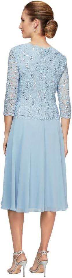 Alex Evenings Women's Tea Length Embroidered Bodice Mother of The Bride Gown, Wedding Guest Dress