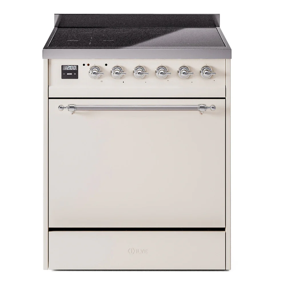 ILVE 30-Inch Nostalgie II Induction Range with Solid Door Oven in Antique White with Chrome Trim (UPI304QNMPAWC)