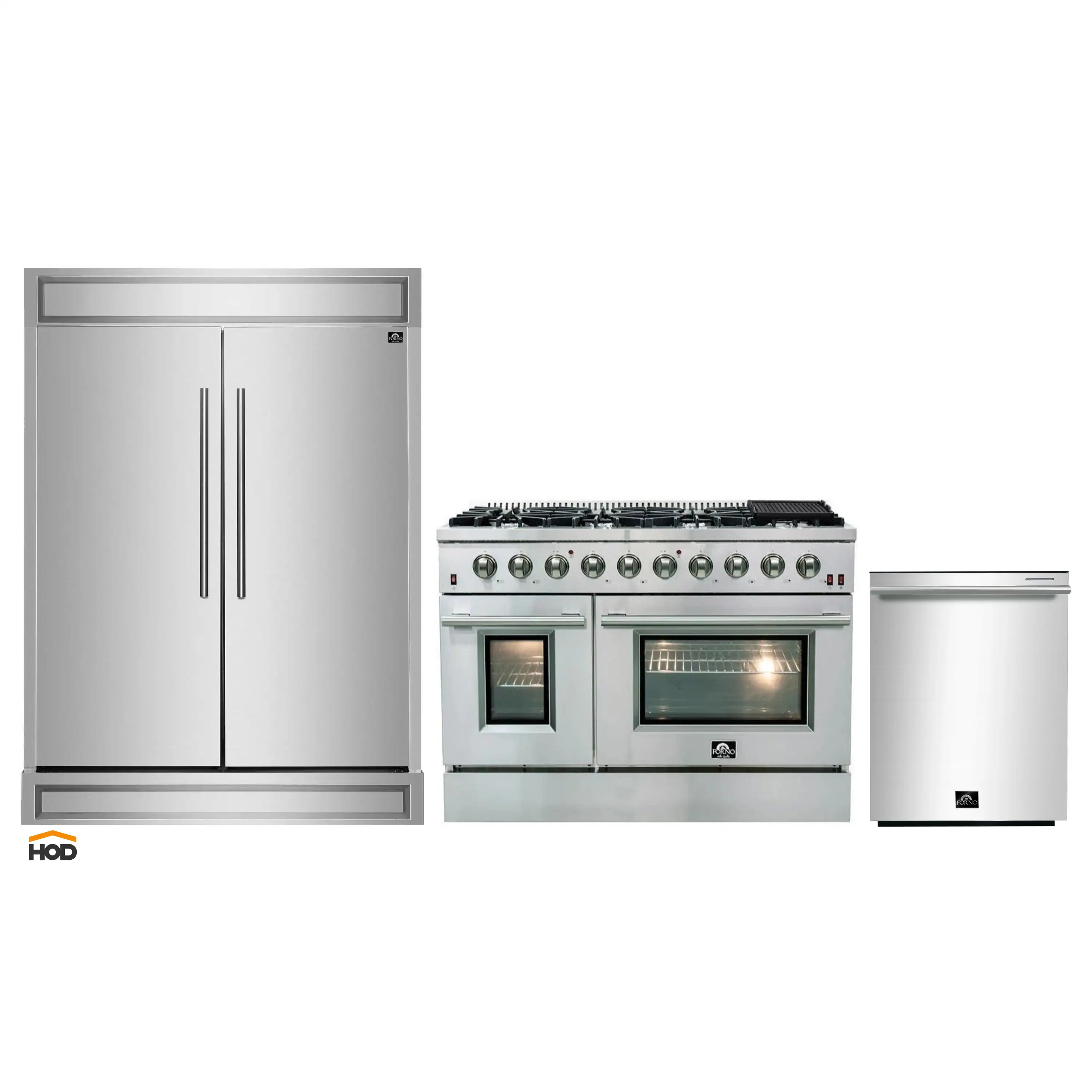 Forno 3-Piece Appliance Package - 48-Inch Gas Range, 60-Inch Refrigerator, and Dishwasher in Stainless Steel