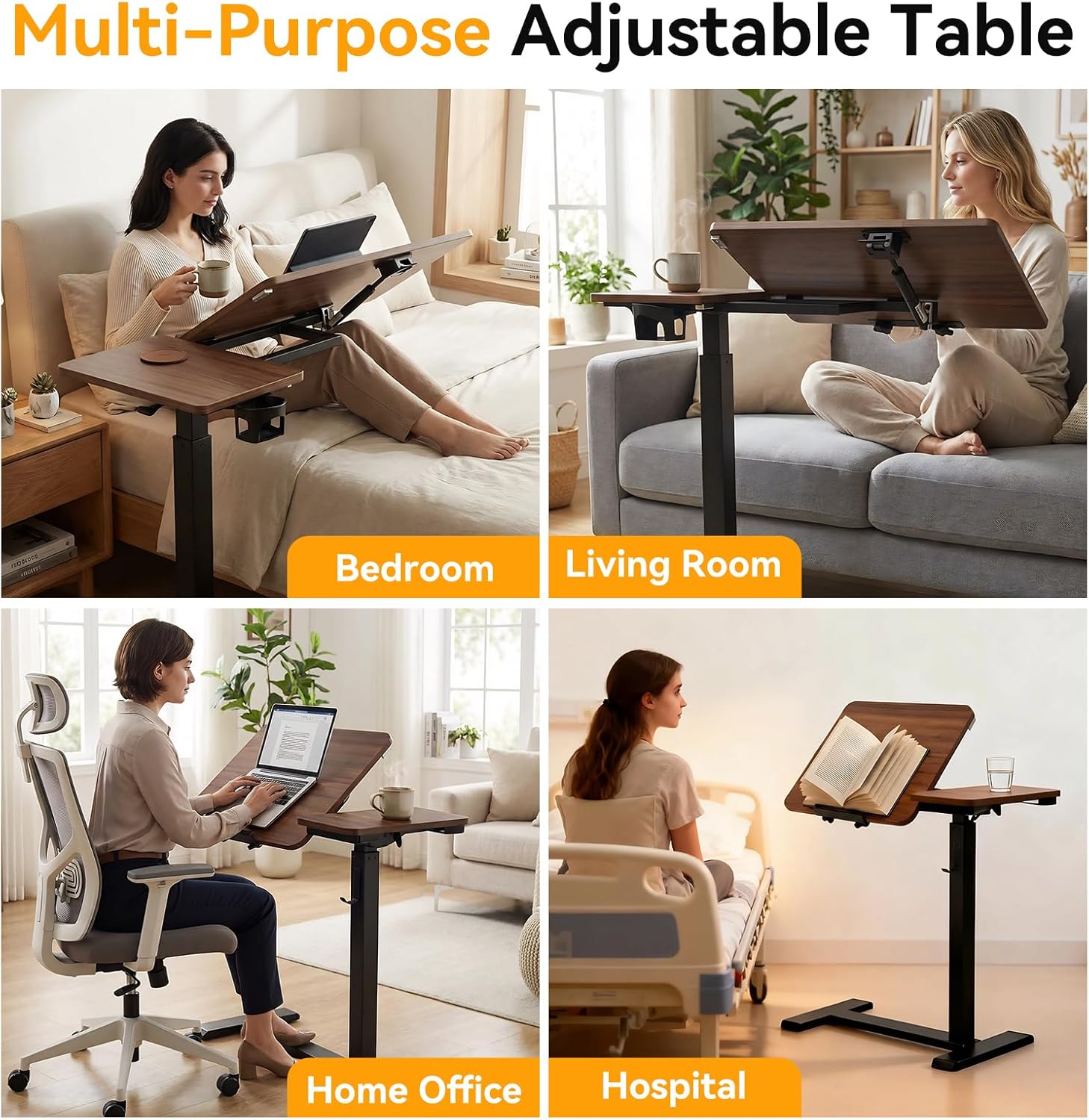 Overbed Bedside Table Adjustable with Wheels, Mobile Standing Stand Up Rolling Laptop PC Desks with Tilting Top Height Tray Side Computer Workstation for Bedroom on Hospital Home Use, Brown