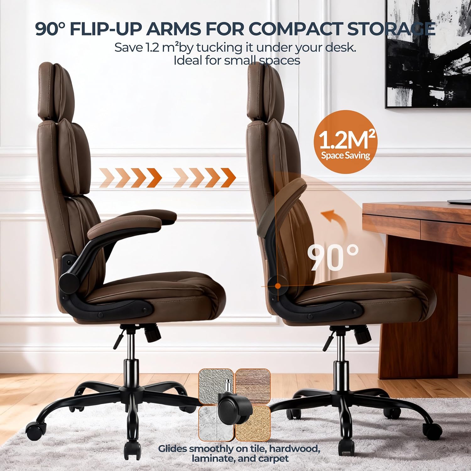 Leather Office Chair with Adjustable Headrest, Padded Flip-Up Armrests, Executive Home Office Desk Chairs with Ergonomic Back Support, Swivel Rolling Computer Chair for Work, Study, Brown