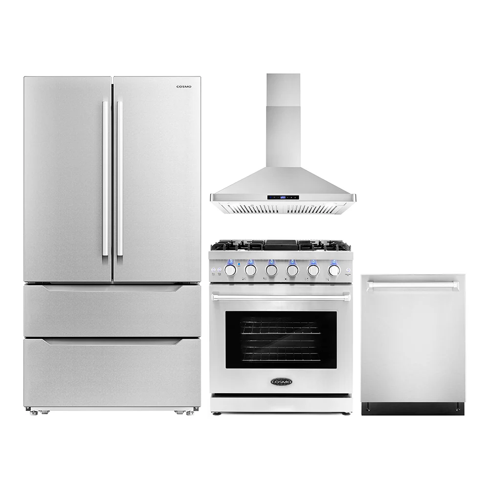Cosmo 4-Piece Appliance Package - 30-Inch Gas Range, Wall Mount Range Hood, Dishwasher and Refrigerator in Stainless Steel (COS-4PKG-236)