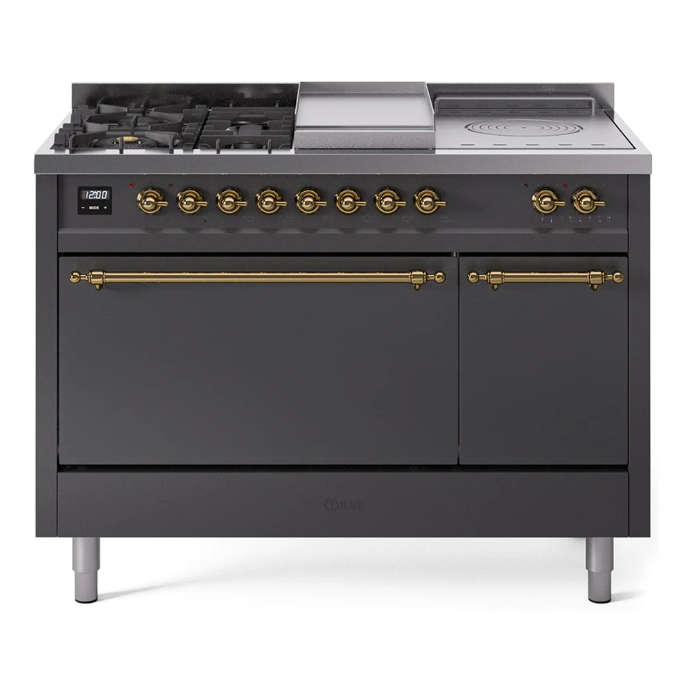 ILVE Nostalgie II 48-Inch Dual Fuel Range with 5 Burners, Griddle, & French Top, with Solid Door Oven in Matte Graphite with Brass Trim (UP48FSQNMPMGG)