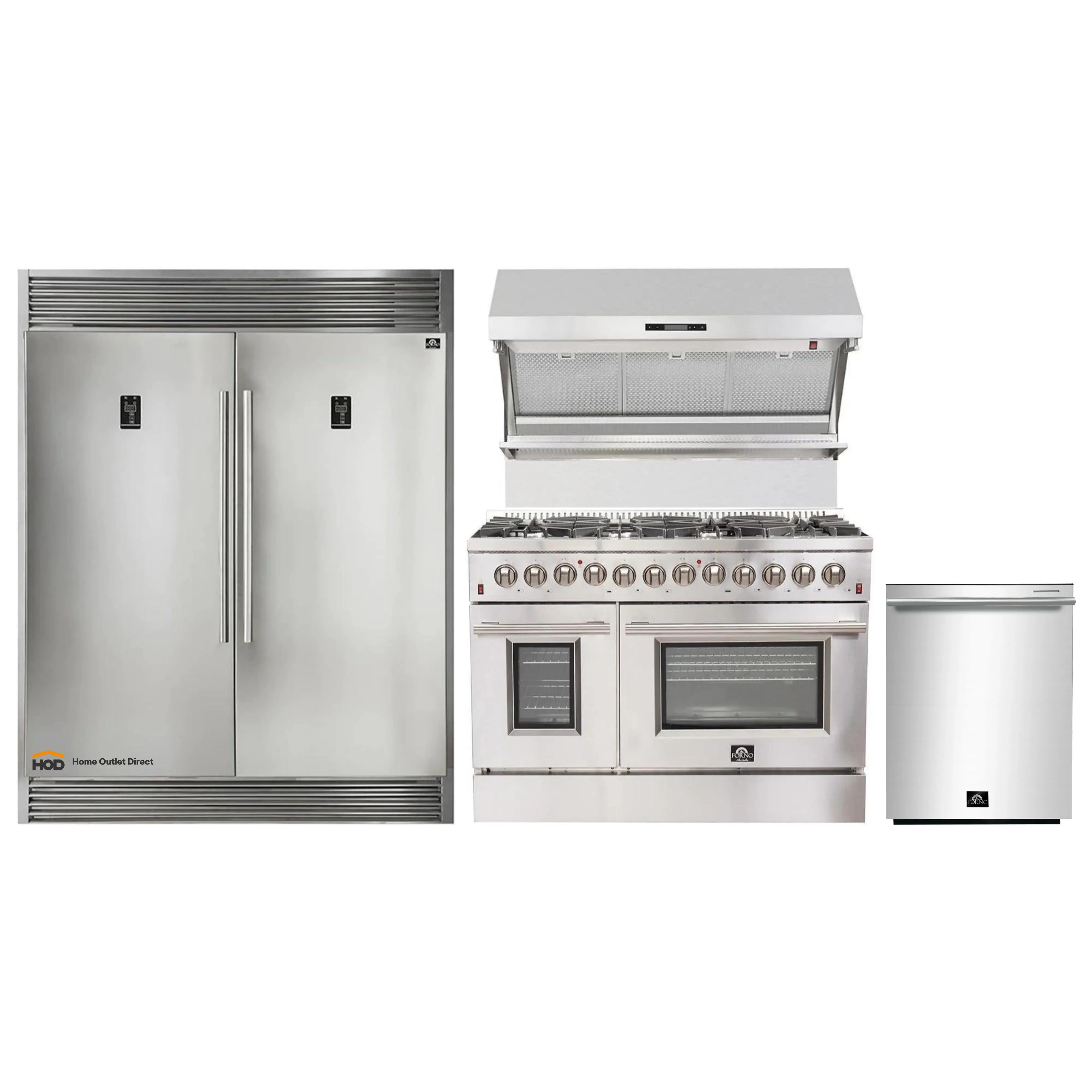 Forno 4-Piece Appliance Package - 48-Inch Dual Fuel Range, 60-Inch Pro-Style Refrigerator, Wall Mount Hood with Backsplash, & 3-Rack Dishwasher in Stainless Steel