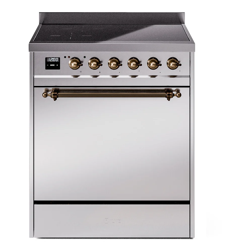ILVE 30-Inch Nostalgie II Induction Range with Solid Door Oven in Stainless Steel with Bronze Trim (UPI304QNMPSSB)