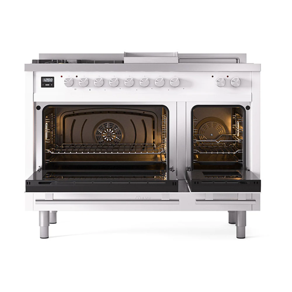 ILVE Professional Plus II 48-inch Dual Fuel Range with 5 Burners, Griddle, & French Top with Solid Door Oven in White (UP48FSQMPWH)