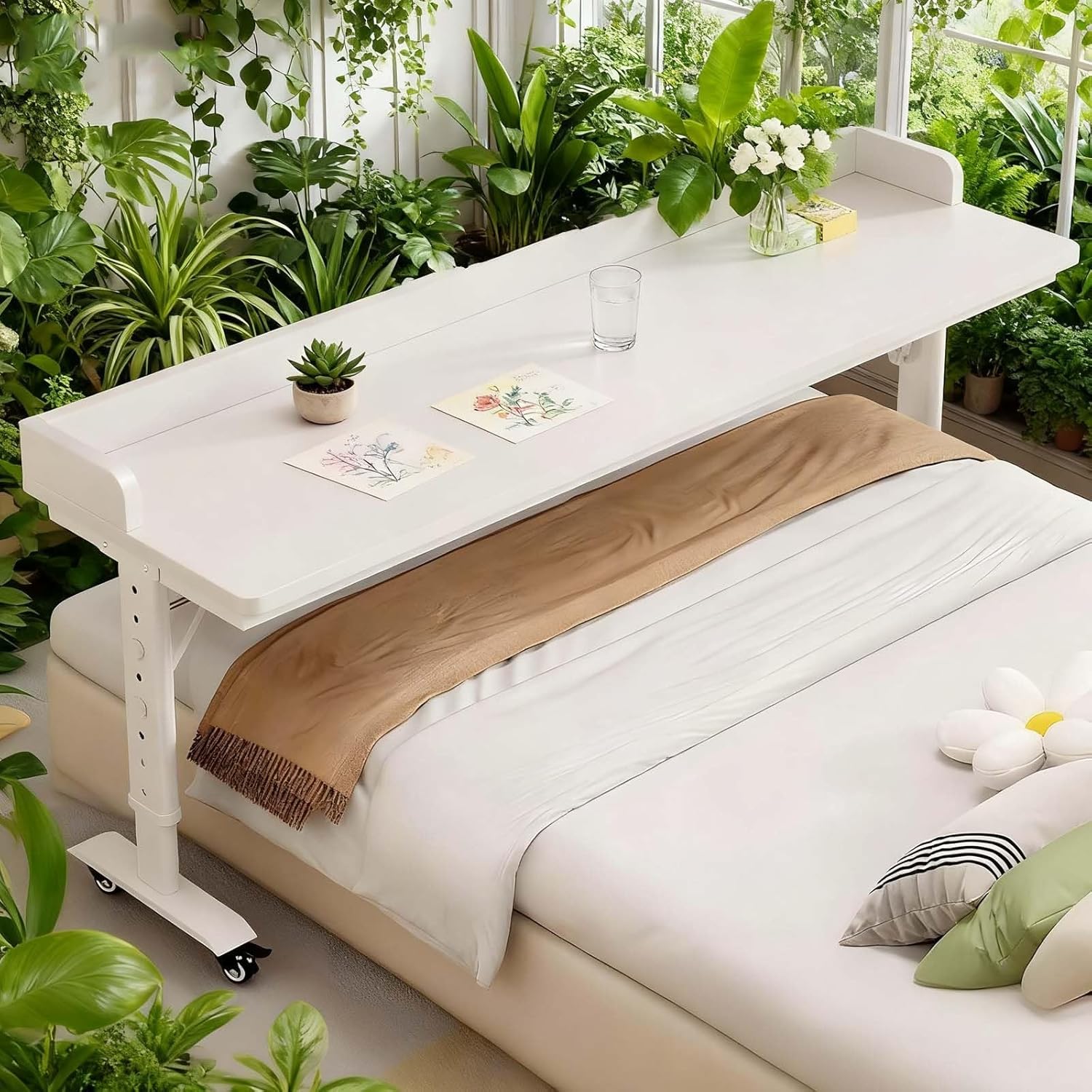 Adjustable Height Over Bed Desk with Wheels - Rolling Laptop Cart for Bedroom Work, Study, Fits King & Queen Size Beds(210x40CM)