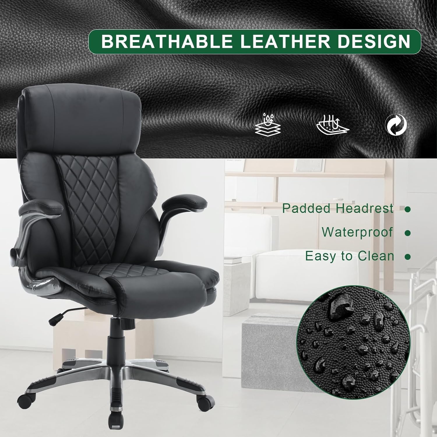 KCREAM Office Chair, Leather Office Chairs with Flip up Arms,Rocking High Back Cpmputer Desk Chairs with Lumbar Support, Executive Chairs with Wheels,Swivel Task Rolling Chair for Adult, Black