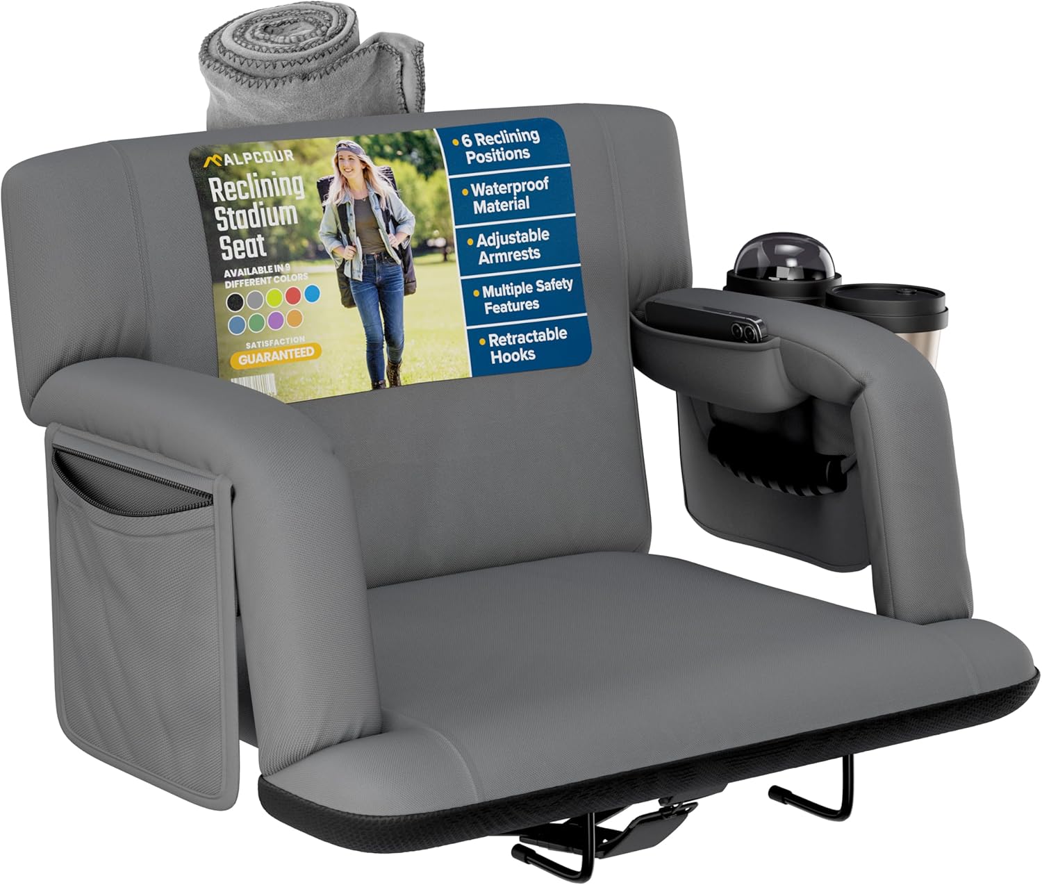 Reclining Stadium Seats for Bleachers with Back Support – Wide Bleacher Chair Cushion, Armrests, Large Pockets, and Multiple Safety Features – Best Stadium Seat Chairs for Camping, Kayak Backs & More
