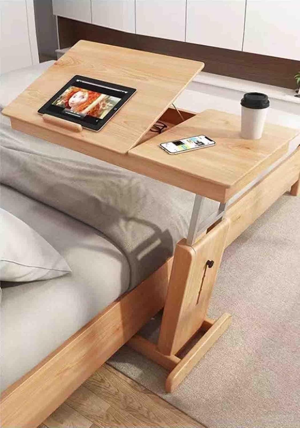 Overbed Table with Wheels, Solid Wood Bedside Table, Foldable Mobile Lift Desk for Laptop, Hospital & Home Use