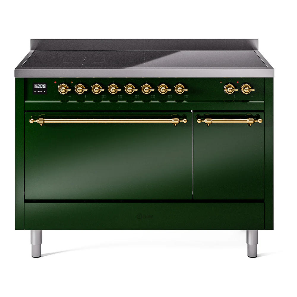 ILVE 48-Inch Nostalgie II Induction Range with Solid Door Oven in Emerald Green with Brass Trim (UPI486QNMPEGG)