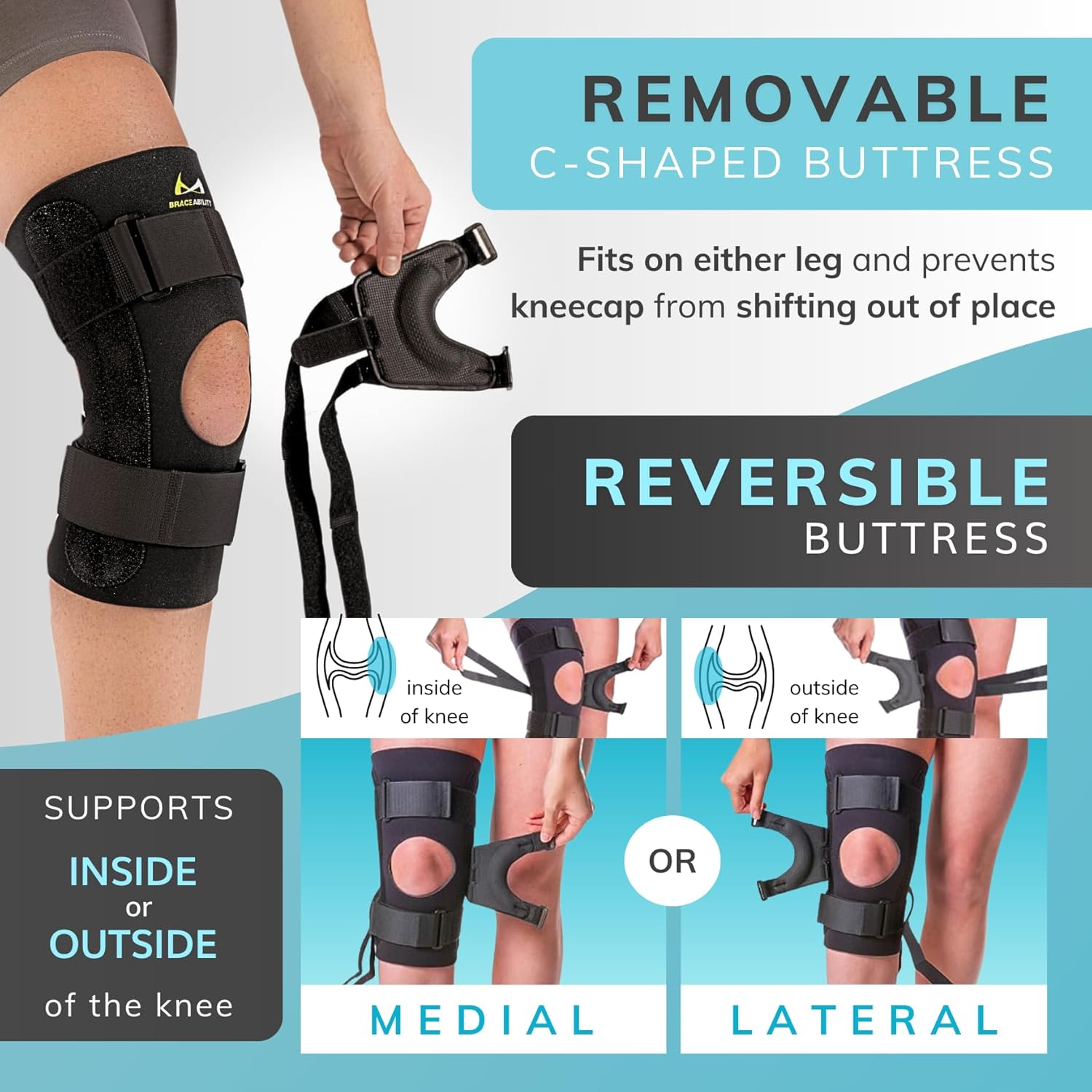 BraceAbility J Patella Knee Brace - Lateral Patellar Stabilizer with Medial and J-Lat Support Straps for Dislocation, Subluxation, Patellofemoral Pain, Left or Right Kneecap Tracking (Medium)