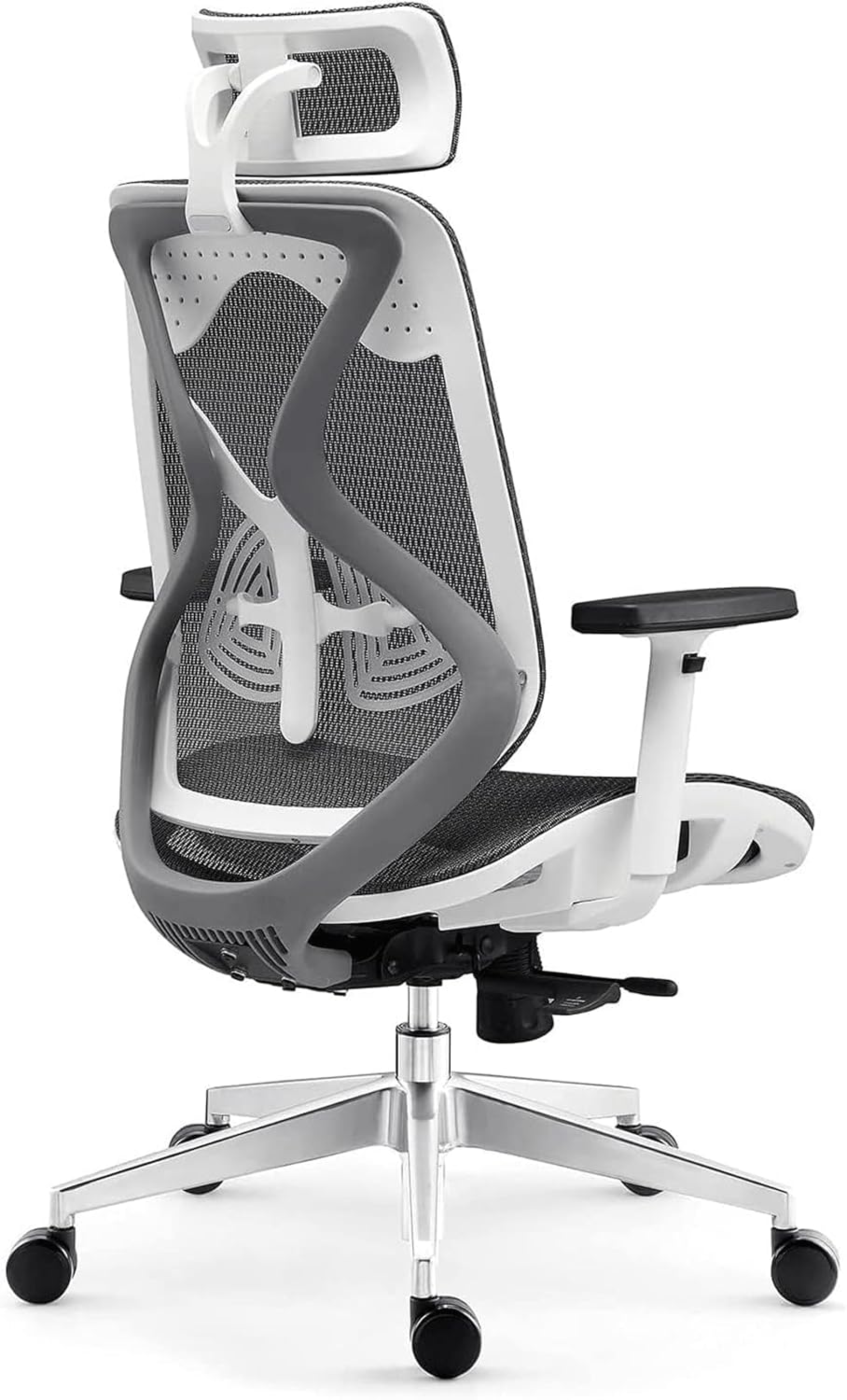 Breathable Mesh Office Chair, High Back Desk Chair with Armrest, and Headrest, Executive Chair Adjustable Lumbar Support Computer Chair (White+Grey
