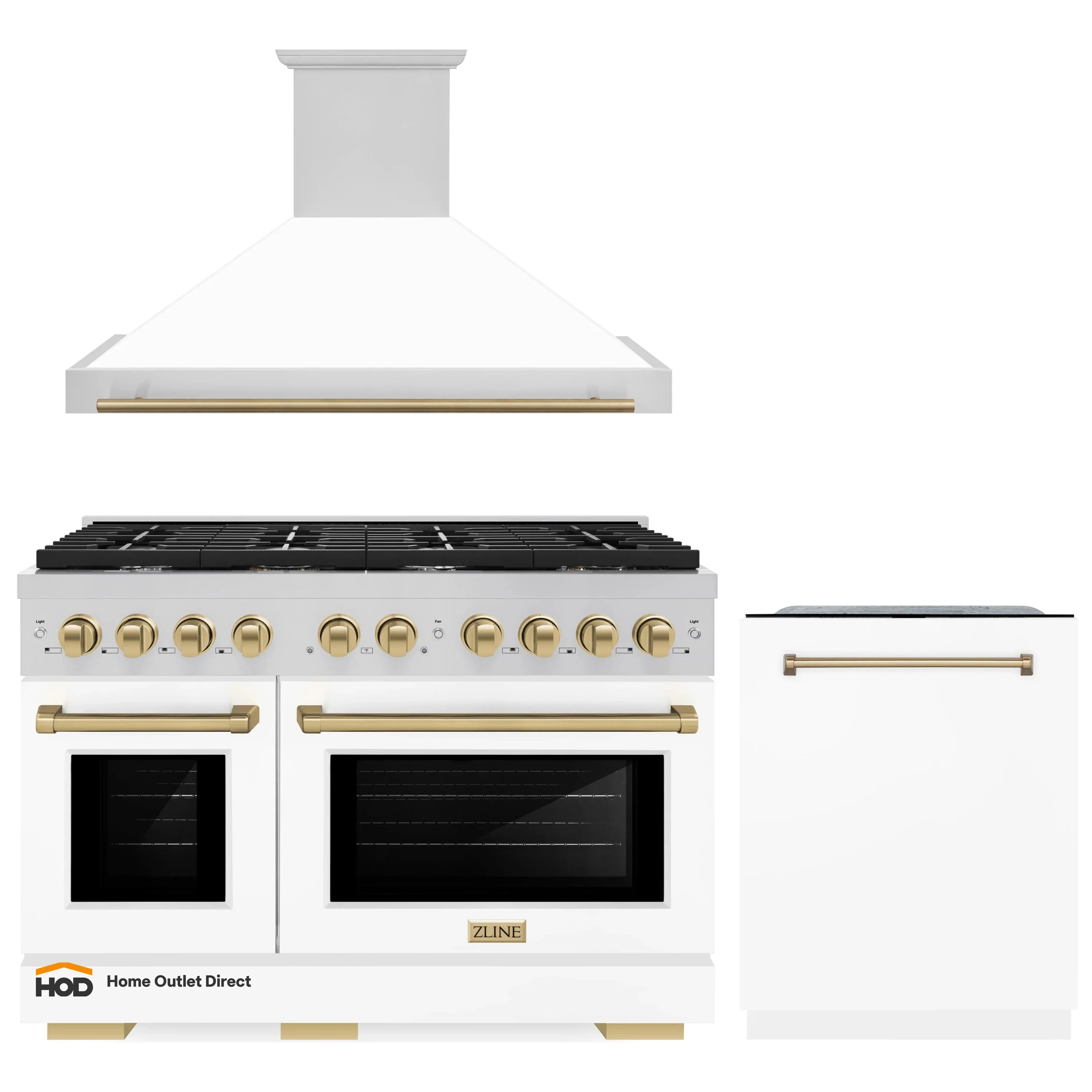 ZLINE Autograph Edition 3-Piece Appliance Package - 48-Inch Gas Range, Wall Mounted Range Hood, & 24-Inch Tall Tub Dishwasher in Stainless Steel and White Door with Champagne Bronze Trim (3AKPR-SGRWMRH48-CB)
