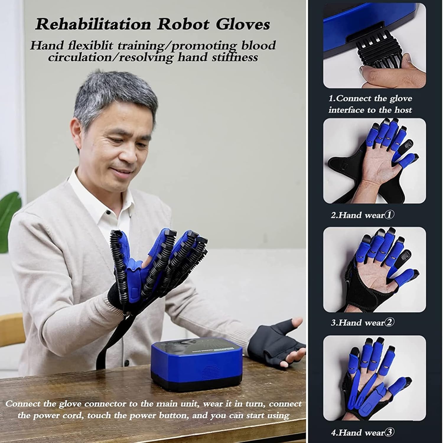 Rehabilitation Robot Gloves Hemiplegia Finger Trainer Stroke Hand Therapy Equipment, Hand Strengthener Orthosis for Longterm Relief Finger Cramps Arthritis Pain Relief (M,Blue)