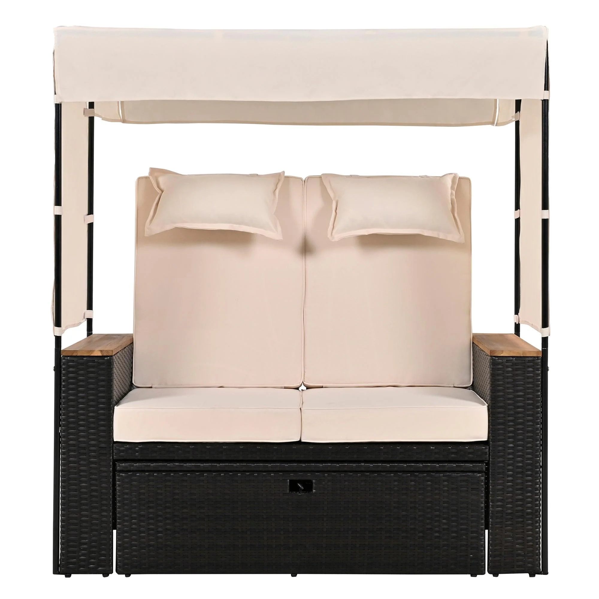 Parrot Uncle 2-Piece Outdoor Rattan Daybed with Bench Lounge Roof Set and Cushions for Poolside, Backyard and Garden