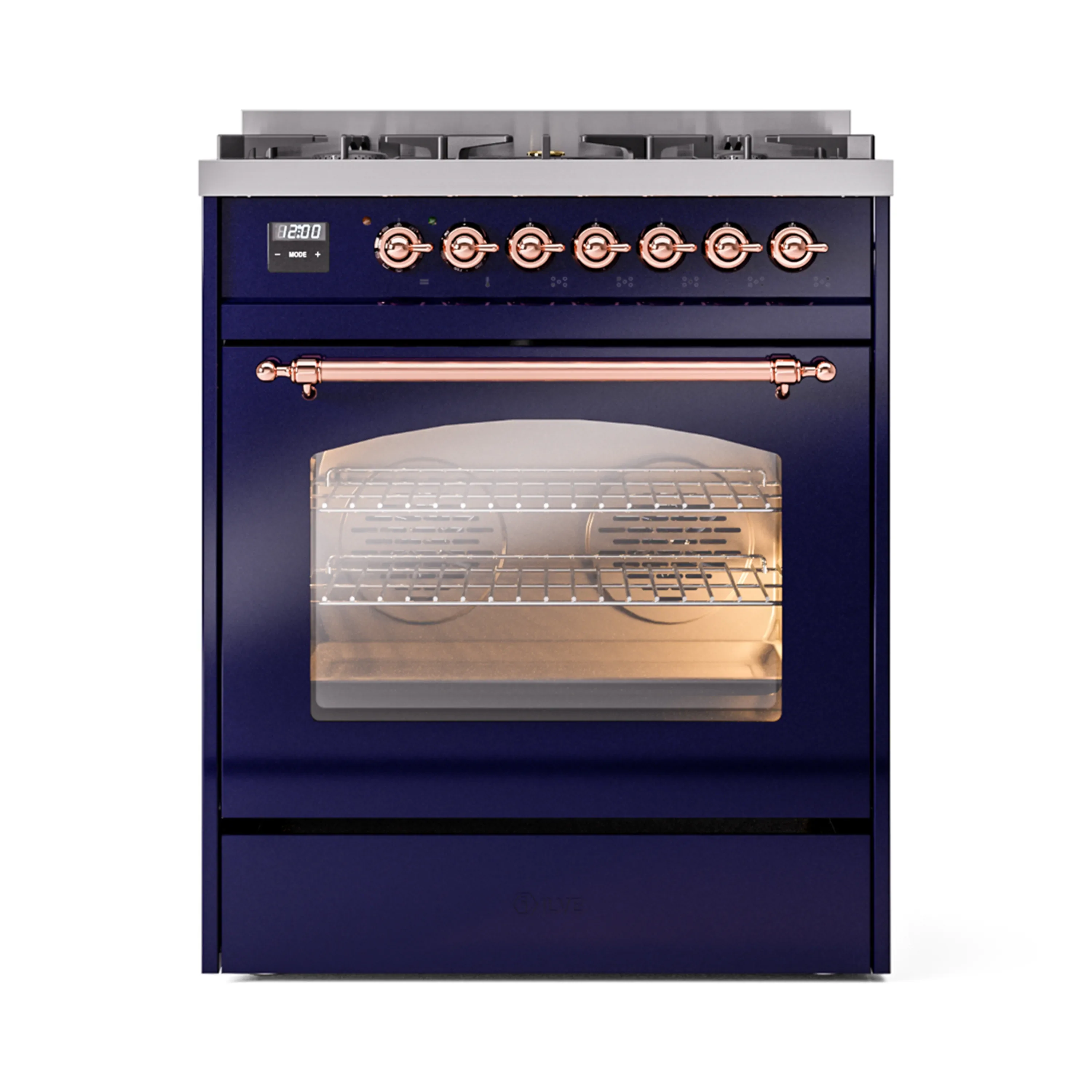 ILVE Nostalgie II 30-Inch Dual Fuel Freestanding Range in Midnight Blue with Copper Trim (UP30NMPMBP)
