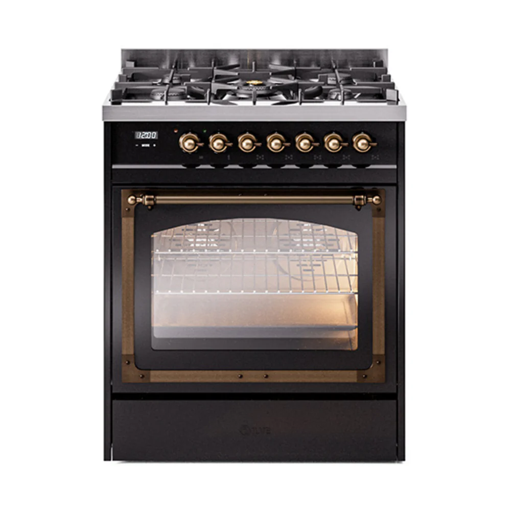 ILVE Nostalgie II Noblesse 30-Inch Dual Fuel Range with Triple Glass Door in Glossy Black with Bronze Trim (UN30NMPBKB)